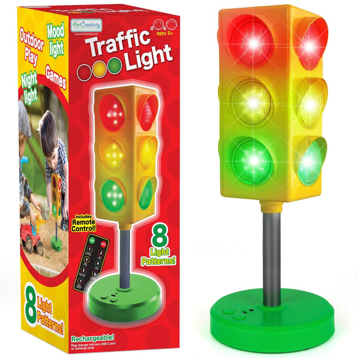 ArtCreativity Traffic Light Lamp - Traffic Light for Kids with Wireless Remote - 8 Different Light Patterns - Classroom Traffic 