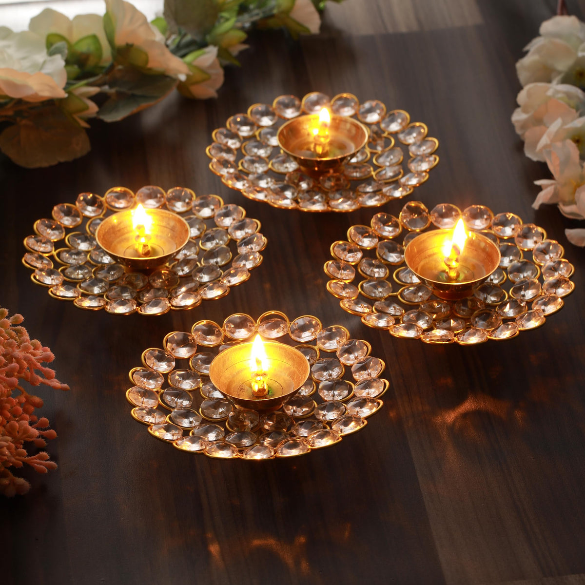 TIED RIBBONS 4 pcs Crystal Floral Shape Diya for Pooja and Home Decorations | Crystal Akhand Diya | Indian Puja Oil Lamp for Hom