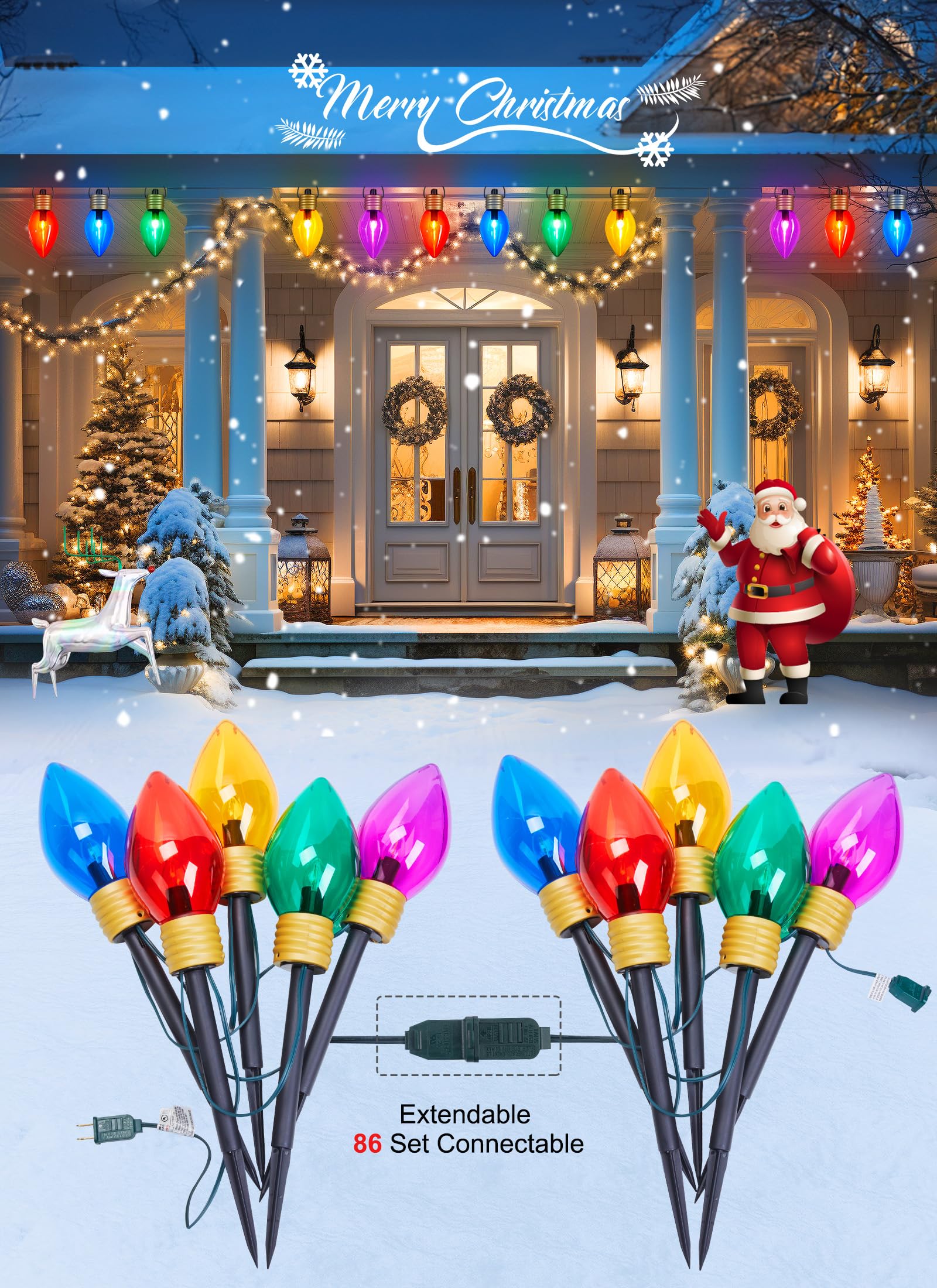 Christmas Decoration Outdoor - 2 Pack Total 17 Ft 10 Led Hanging Jumbo Christmas Pathway Lights, Multicolor Christma Walkway Lig