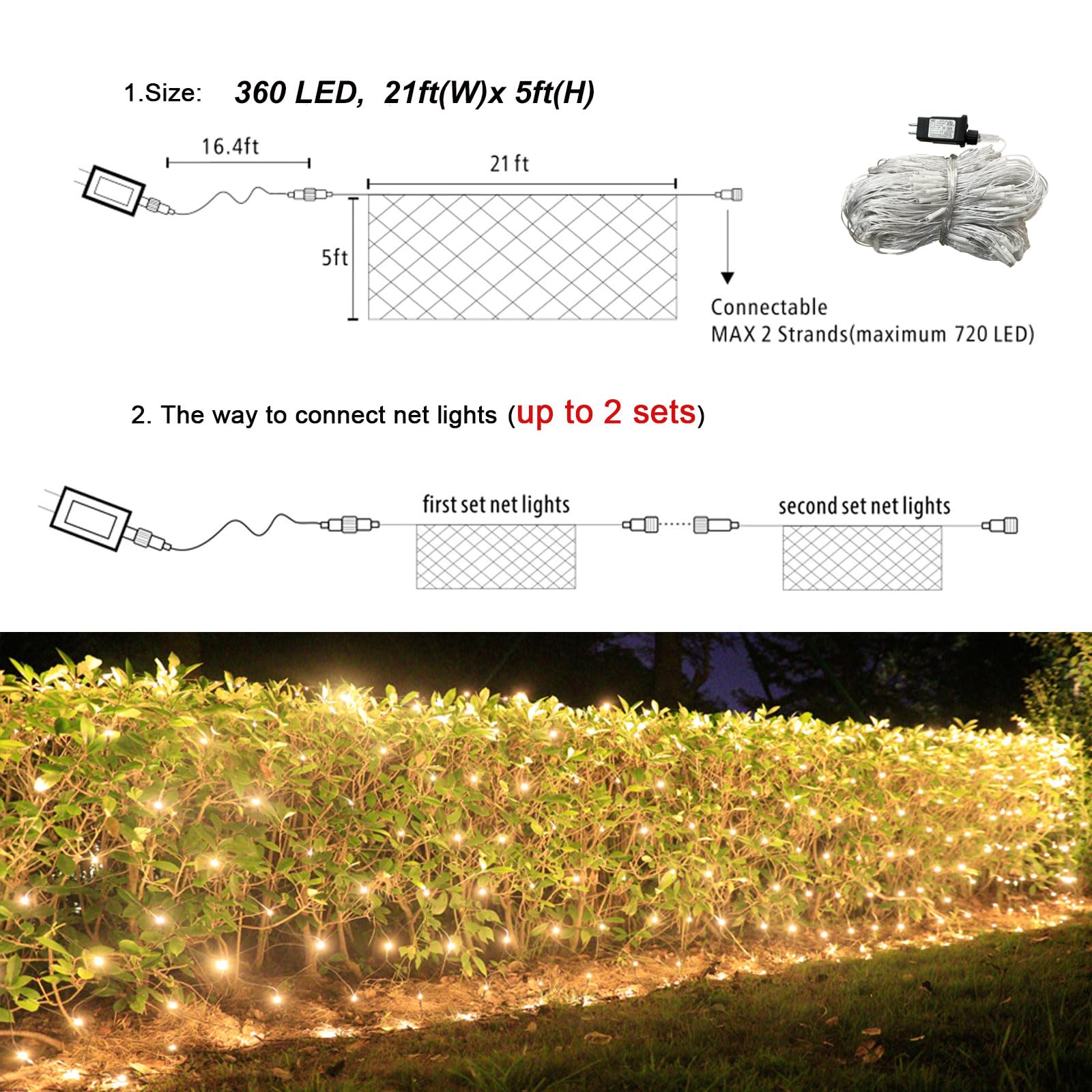 Lovelite 360 Led Net Lights, 21Ft X 5Ft Christmas Mesh Lights Clear Wire 8 Modes, Waterproof Connectable String Lights Plug In F