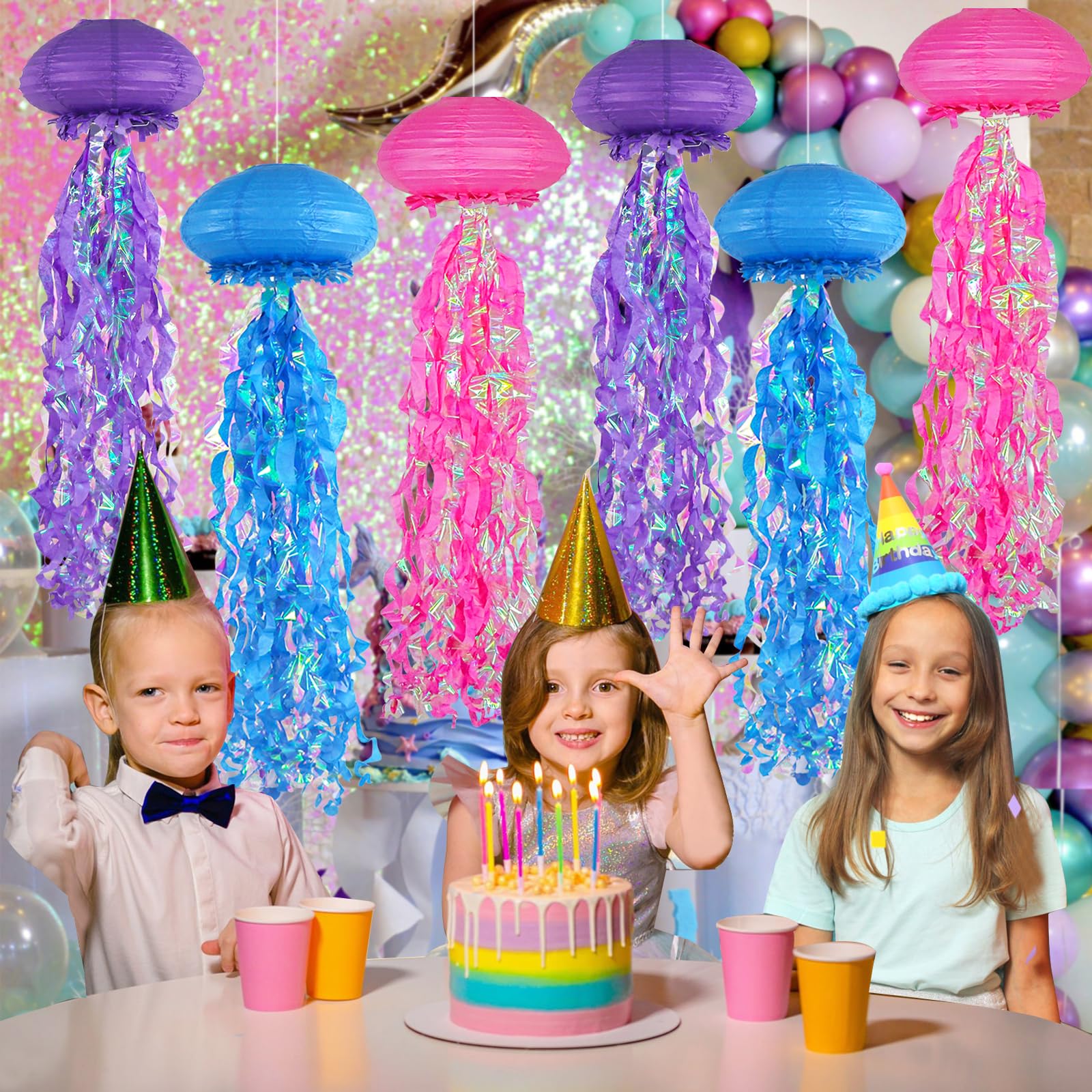 Jellyfish Paper Lanterns, Under The Sea Party Decorations, Dark Pink Blue Purple Hanging Jelly Fish Lantern For Kids Birthday De