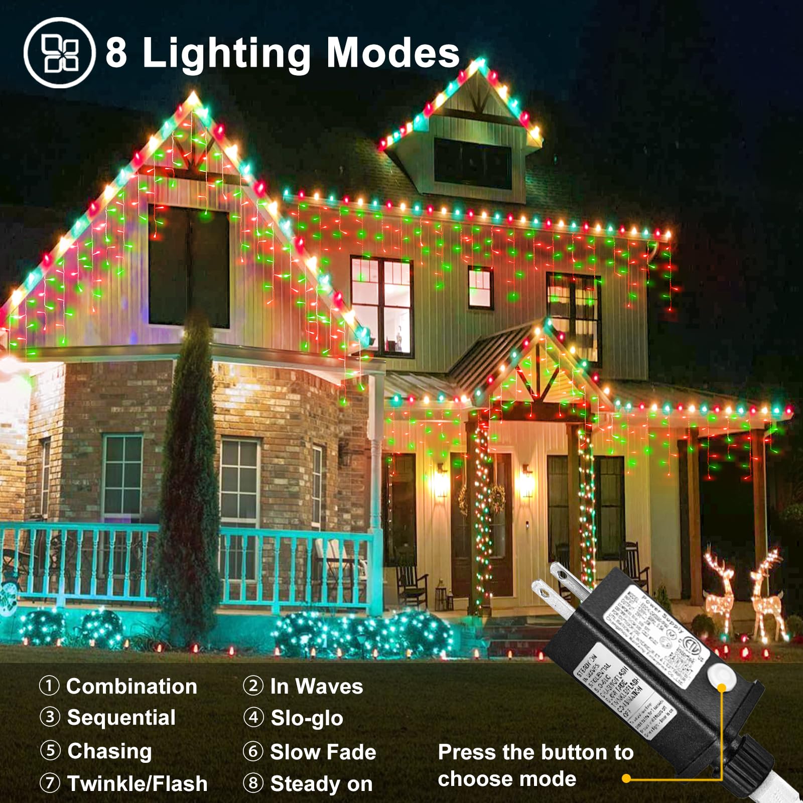 33Ft Red And Green Christmas Lights, 400 Led Icicle Lights For Outside, Clear Wire Connectable Twinkle Lights With 8 Modes Timer