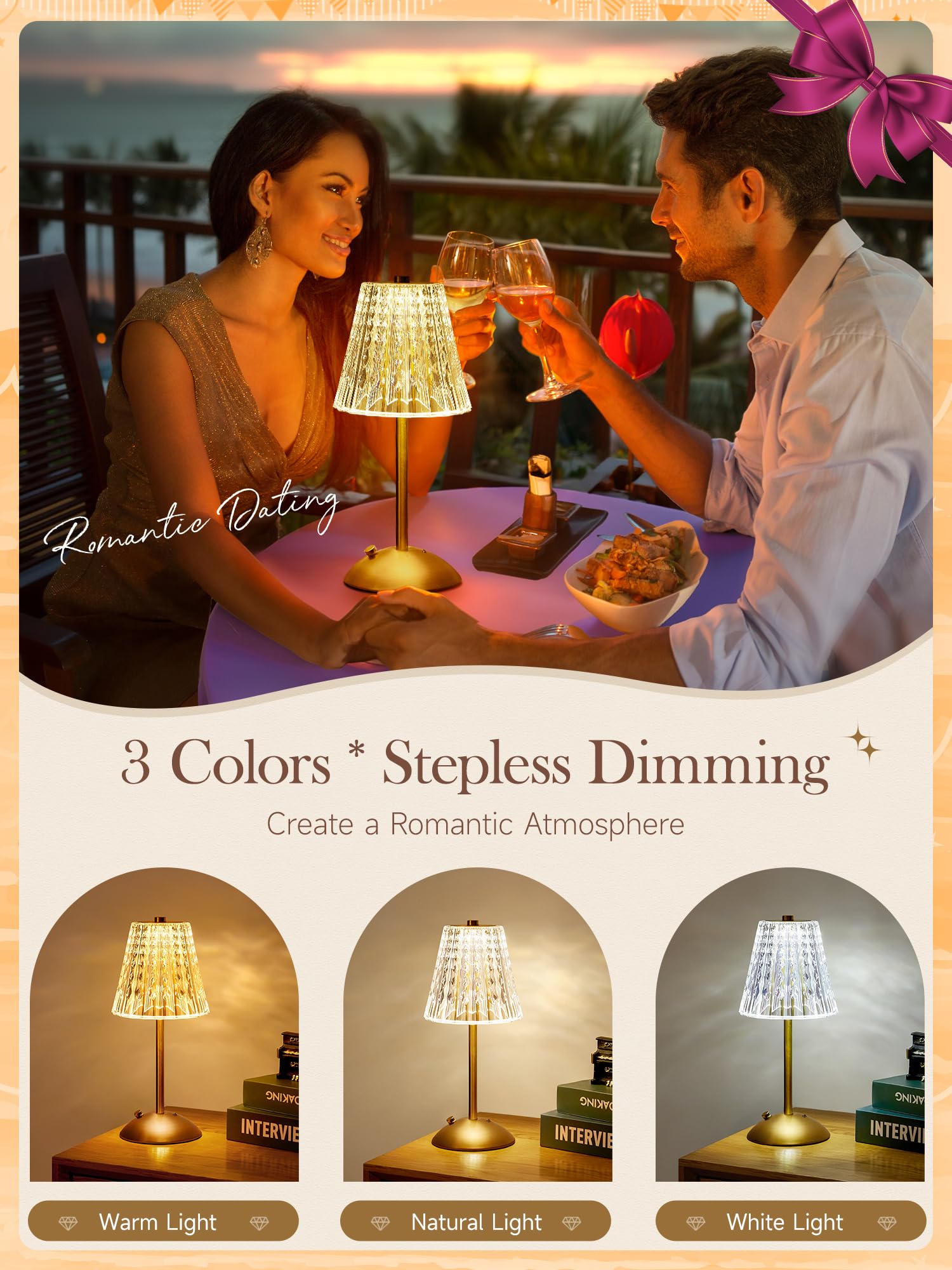 One Fire Table Lamp?Gifts Package?, Dimmable Cordless Lamp, 3 Colors Gold Lamp,Touch Lamp Diamond Crystal Lamp, 2000Mah Battery