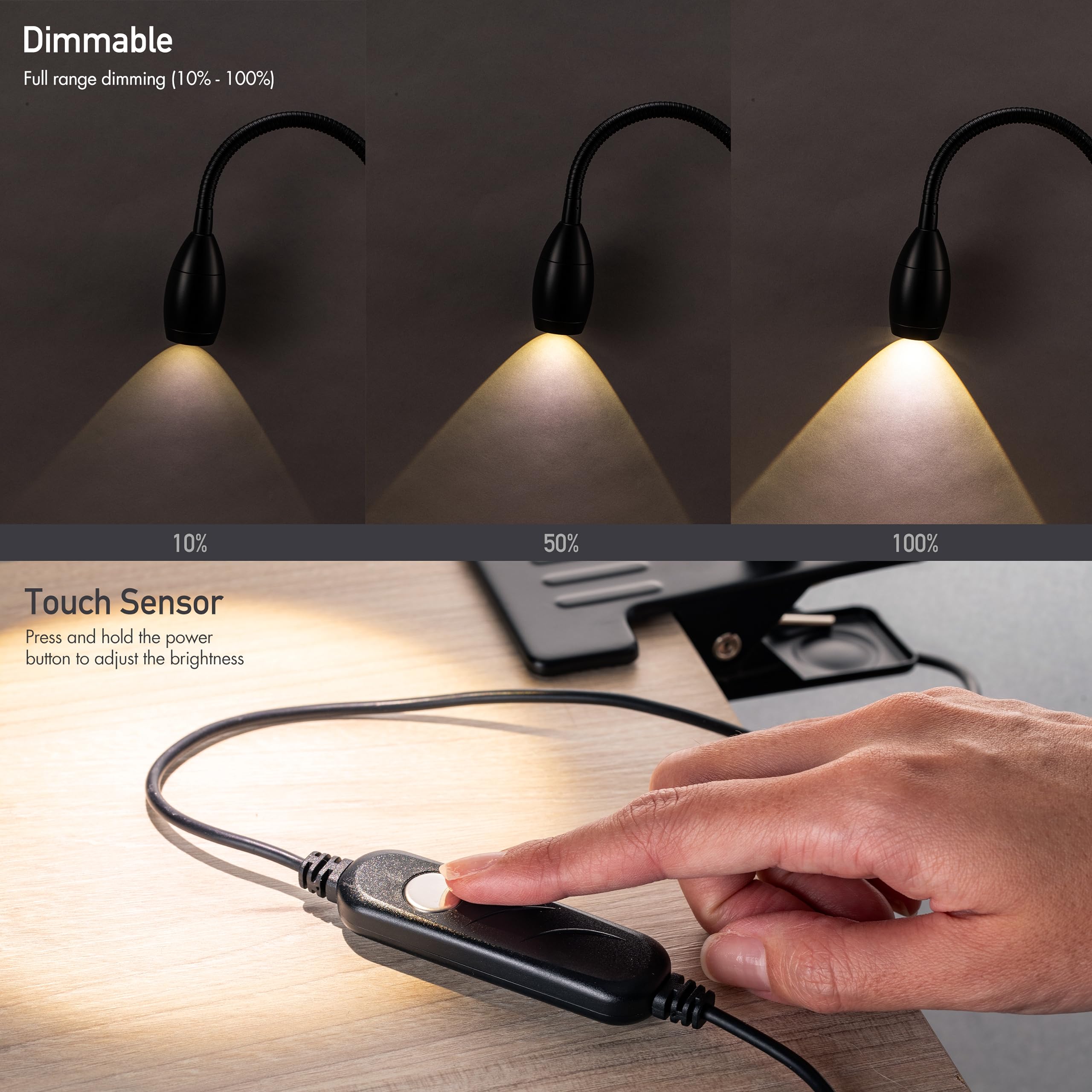 O'Bright Clip-on Lamp - Zoomable, Dimmable LED, Flexible Gooseneck, Metal Clamp, 4000K Light, Black, Model OB-CL15M