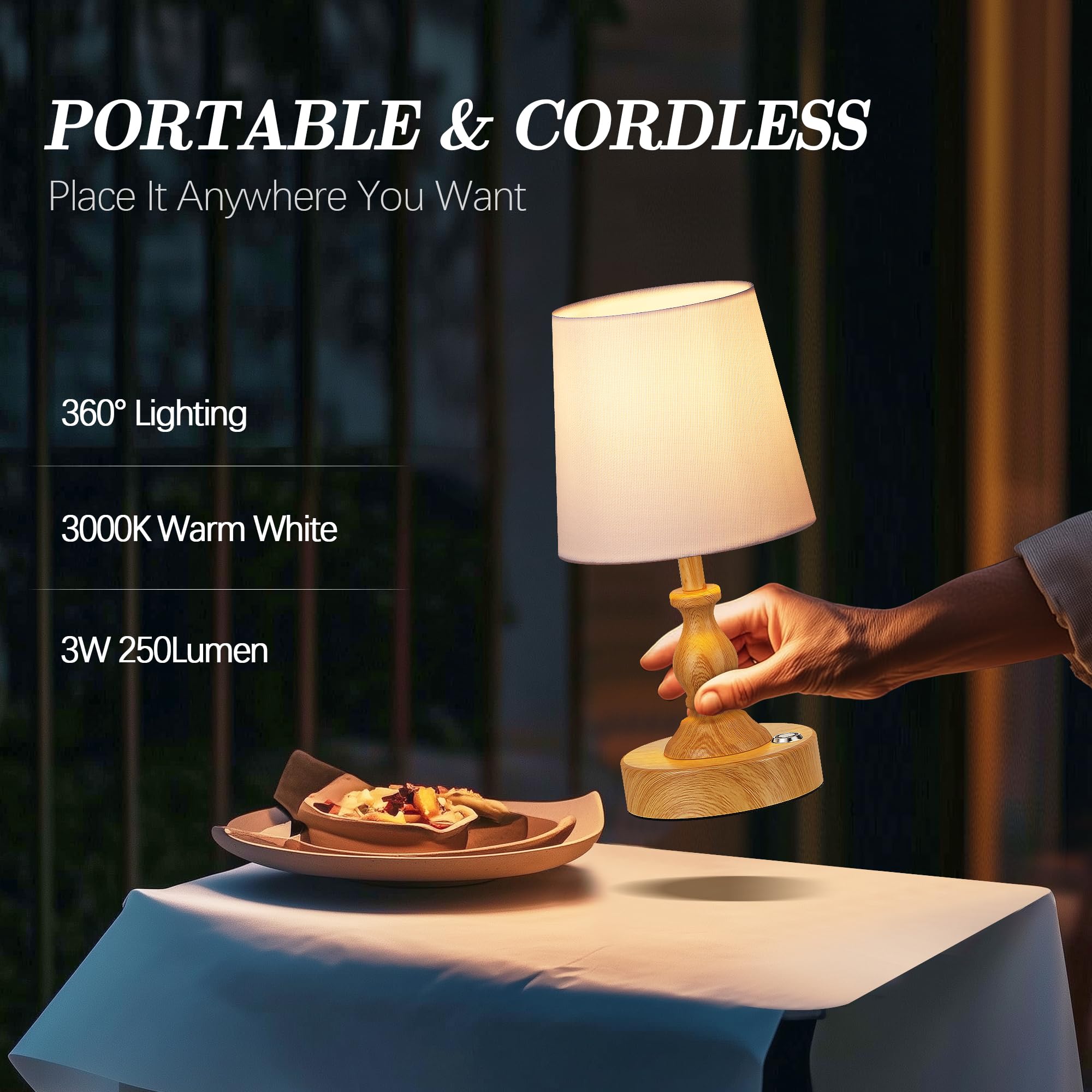 PARTPHONER Mini Cordless LED Table Lamp - Rechargeable 5200mAh, Touch Dimmable, 3-Level Brightness, Wood Grain Finish, Model STR-LP-TL001