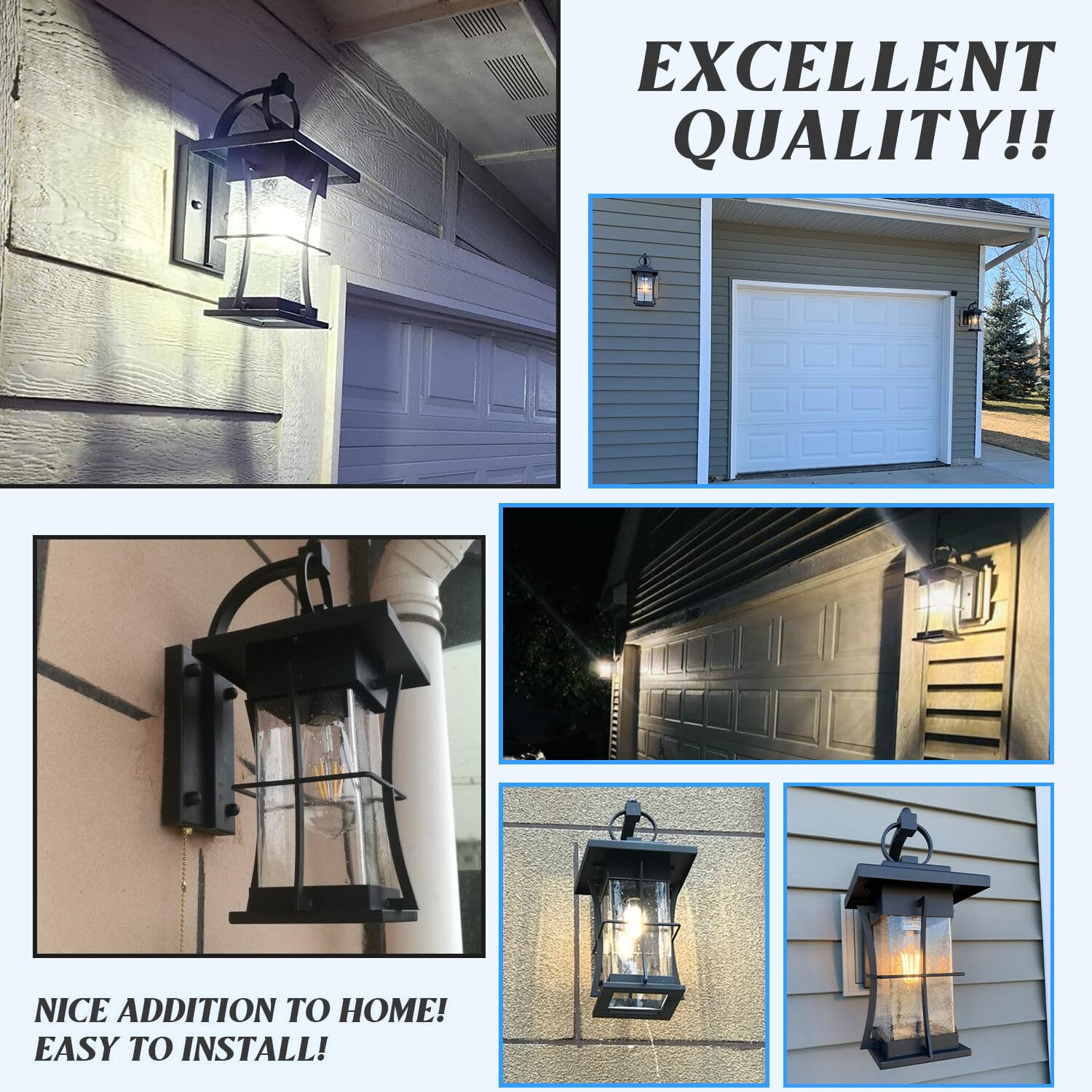 EERU Outdoor Wall Sconces - Waterproof Black Metal Lanterns with Clear Seeded Glass, Large Size for Porch & Patio