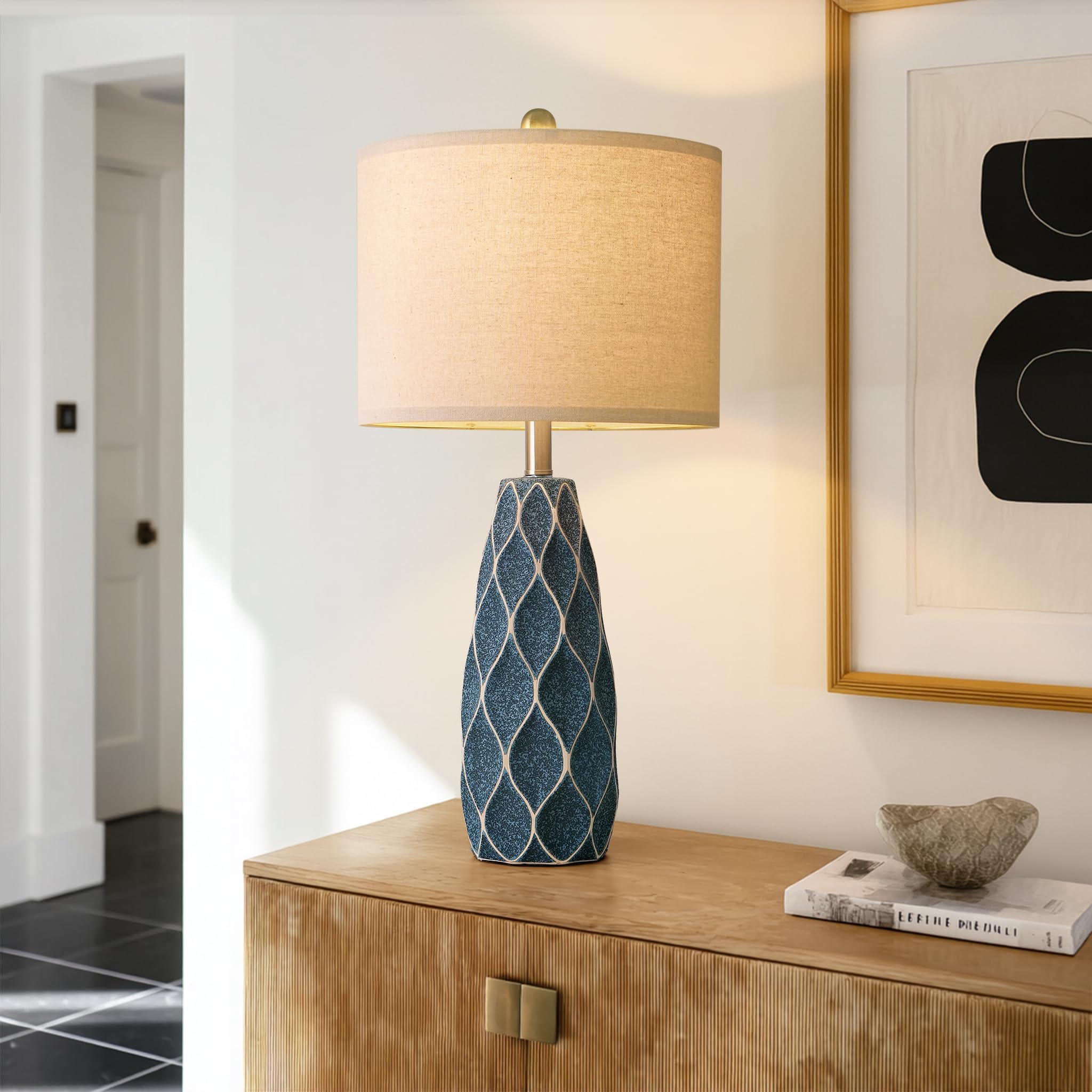 27.5 Ceramic Table Lamps For Living Room Bedroom Lamps Set Of 2 Modern Boho Bedside Lamps Night Stands Farmhouse Vintage Large Nightstand Lamp Reading Light Home Office Dorm Desk Deco Gifts  Blue