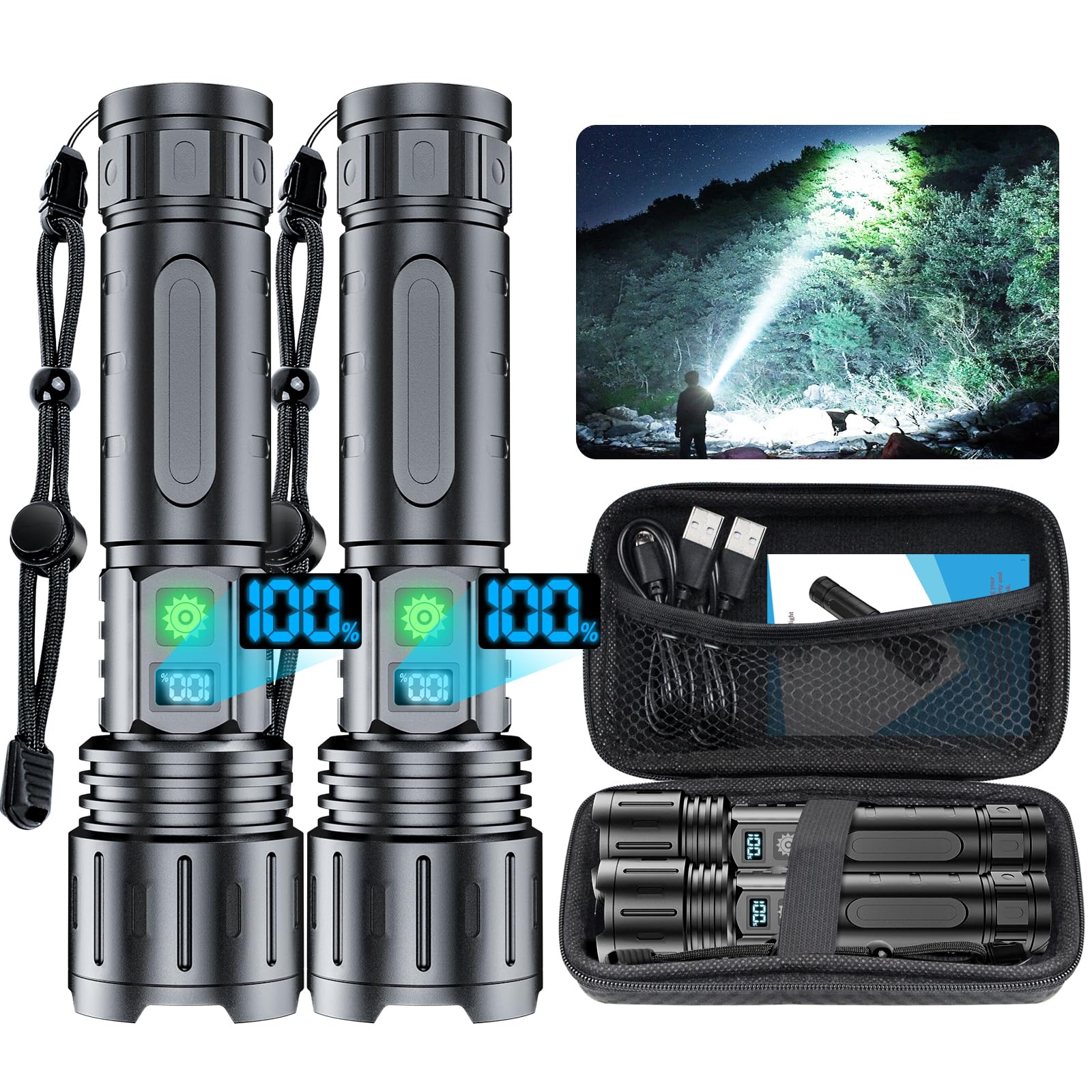 Hoxida K2302 Flashlight - 2000 Lumens Rechargeable, 1500m Beam, IPX5 Waterproof, Aluminum, with Holster