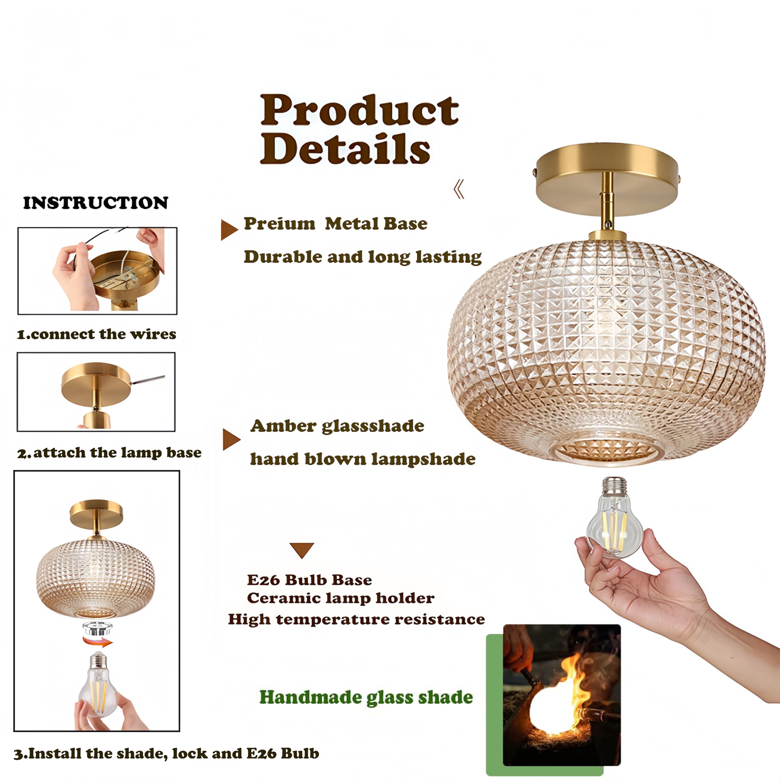 Jolydoly Semi Flush Mount Ceiling Light Vintage Small Ceiling Light Fixture Hallway Lighting Fixture With Amber Glass Shade Art Deco Kitchen Lighting Fixtures Ceiling For Bedroom Bathroom Porch