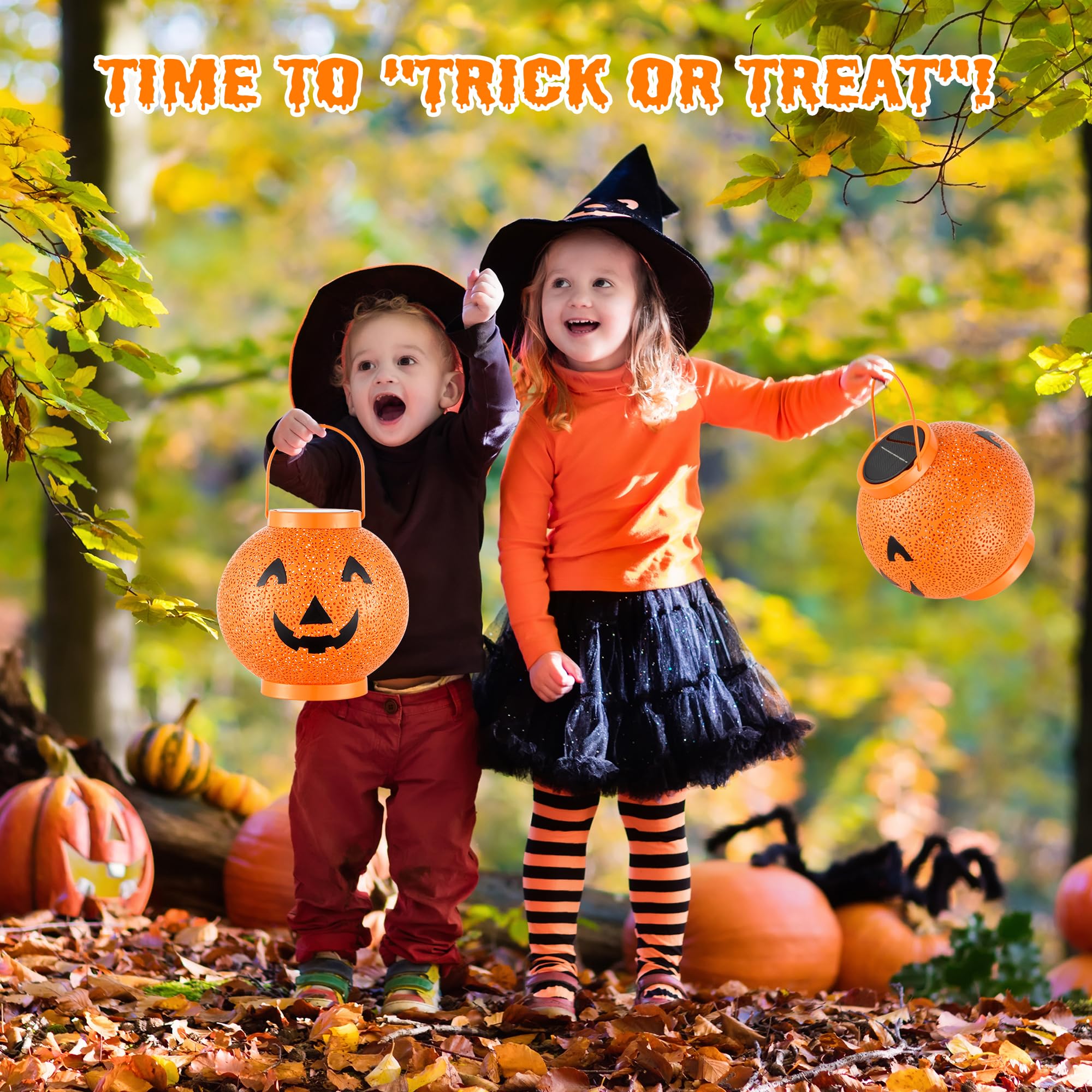 Perpaime 2 Pack Solar Powered Halloween Lanterns - Waterproof Orange Jack-O-Lanterns For Outdoor Decor