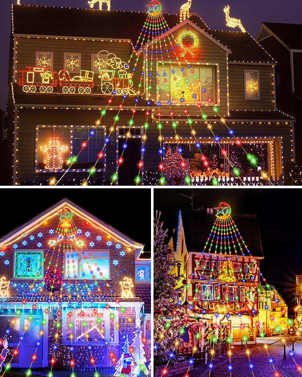 KISPATTI 23FT Outdoor Christmas Lights, 655 LED Multi-color with Star & Moon, 8 Modes for Yard Patio Holiday Decorations
