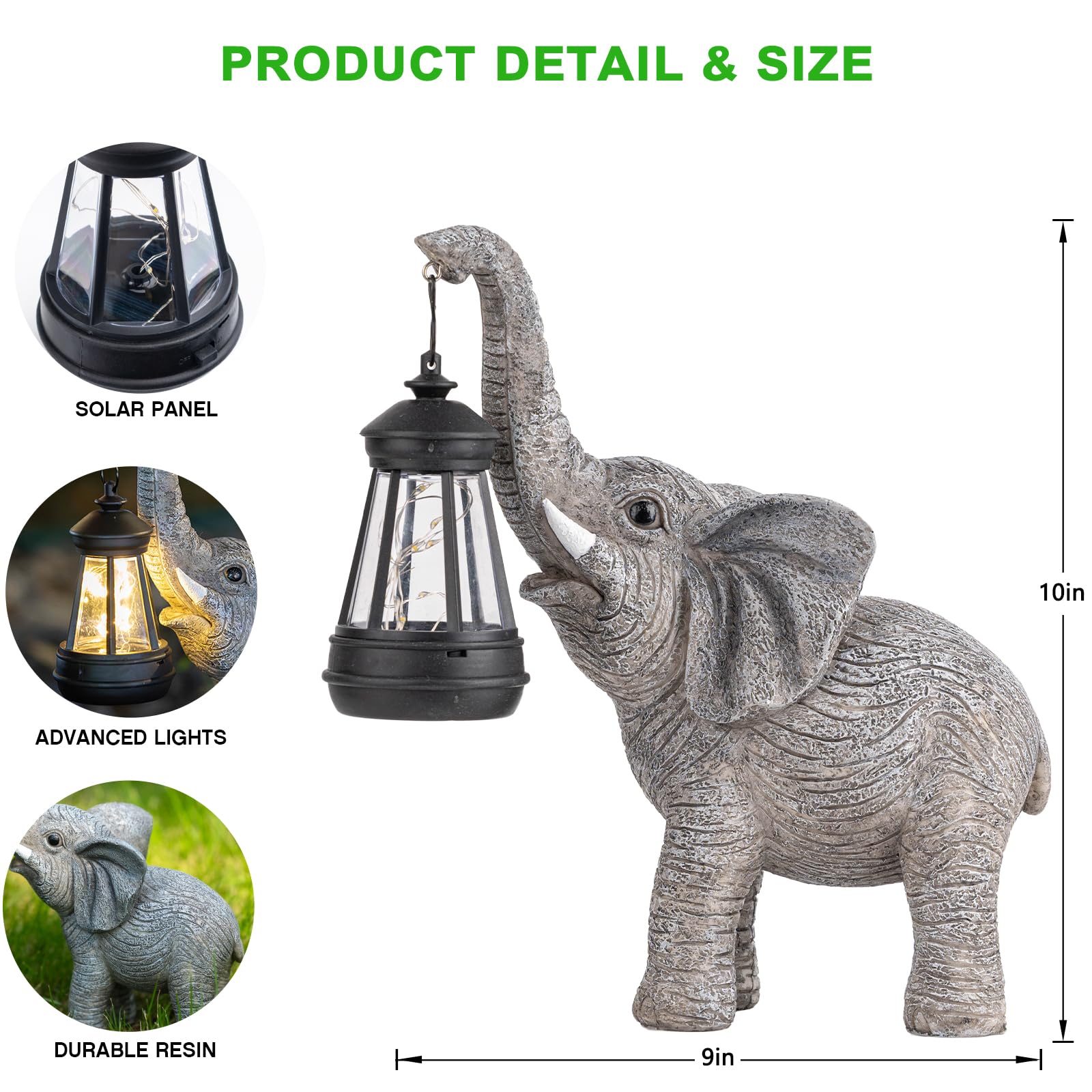 Candieslife Solar Garden Statue Lights Elephants Figurine With Solar Lantern, Outdoor Yard Decorations For Patio Porch Home, Chr