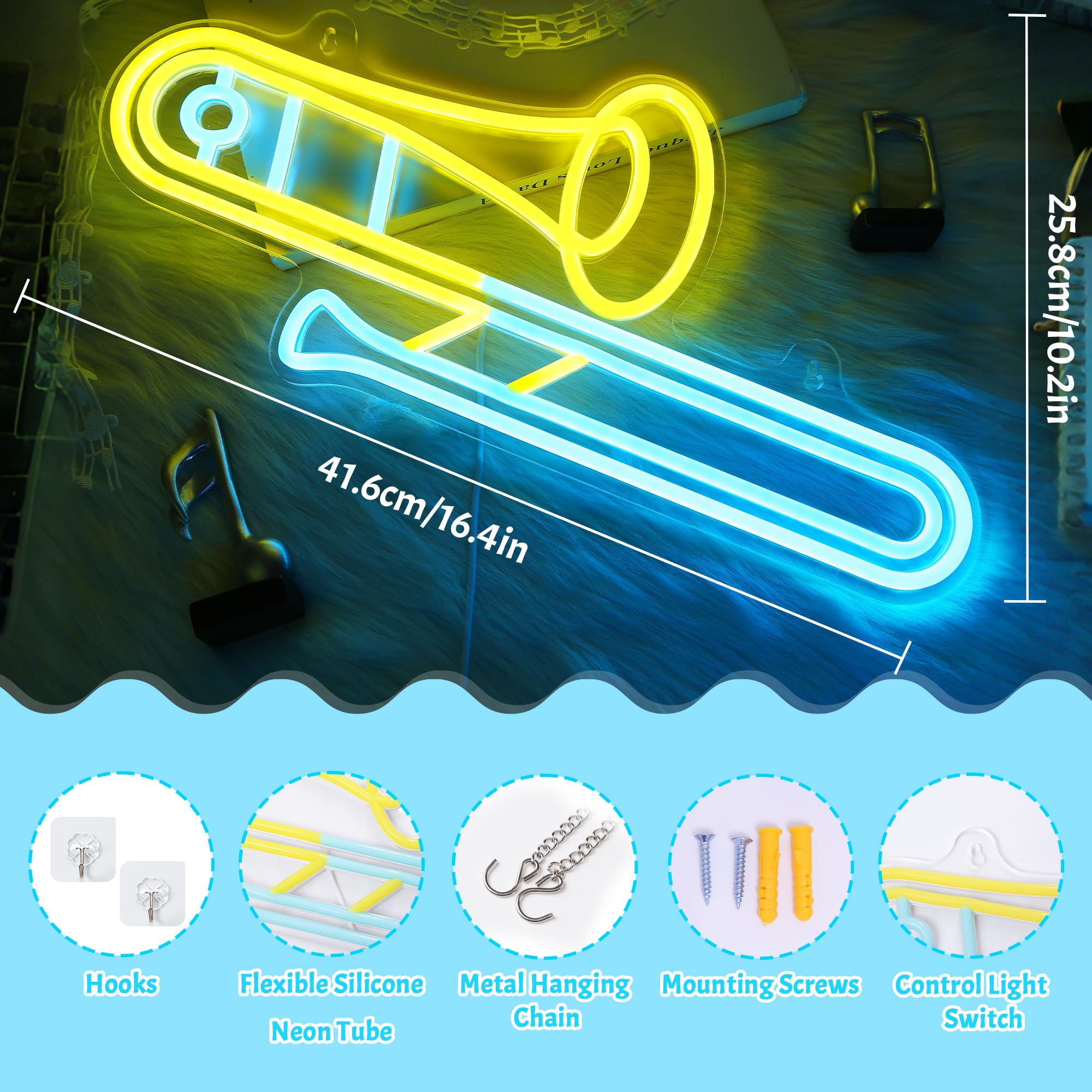 CoolGift Mart Trombone Neon Sign - Dimmable LED Light, 11.89"x16.38", Yellow-Trombone, USB Powered Room Decor for Music Lovers