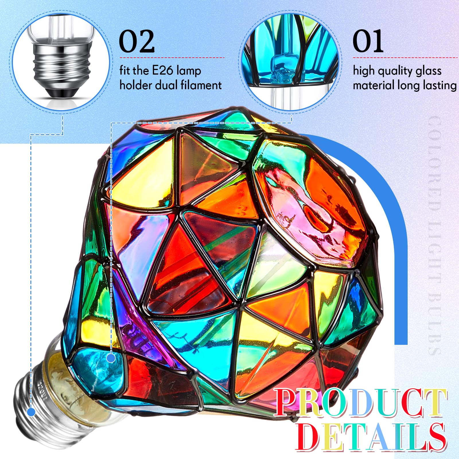 Baquler Stained Glass LED Light Bulb, Diamond Shape E26 Base, 6W, 3.7x4.8 inches, Colorful Flickering Light for Home & Garden Decoration