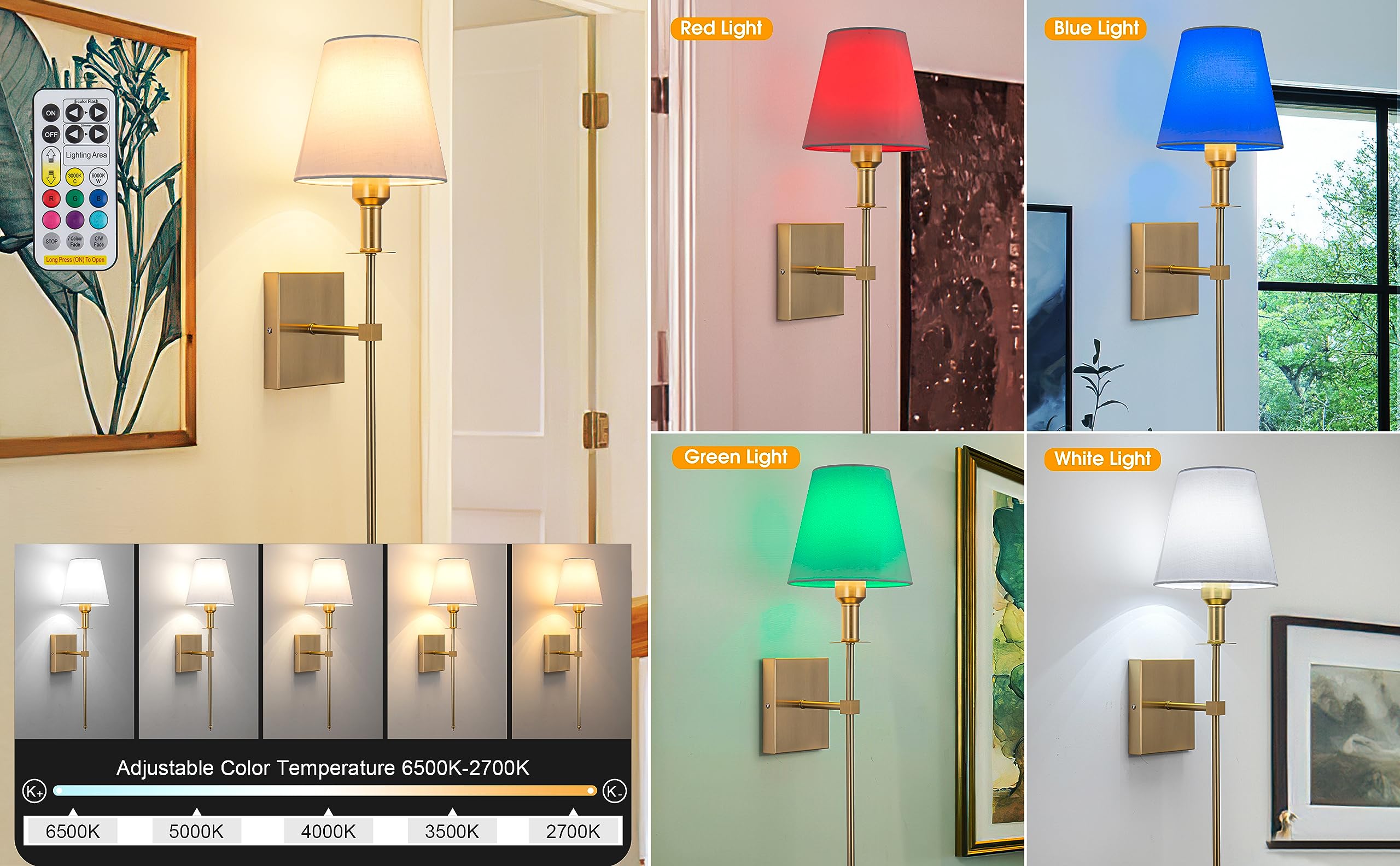 Jengush Gold Battery Operated Wall Sconces Set Of 2, Remote Dimmable, 10 Color Modes, Indoor Lighting