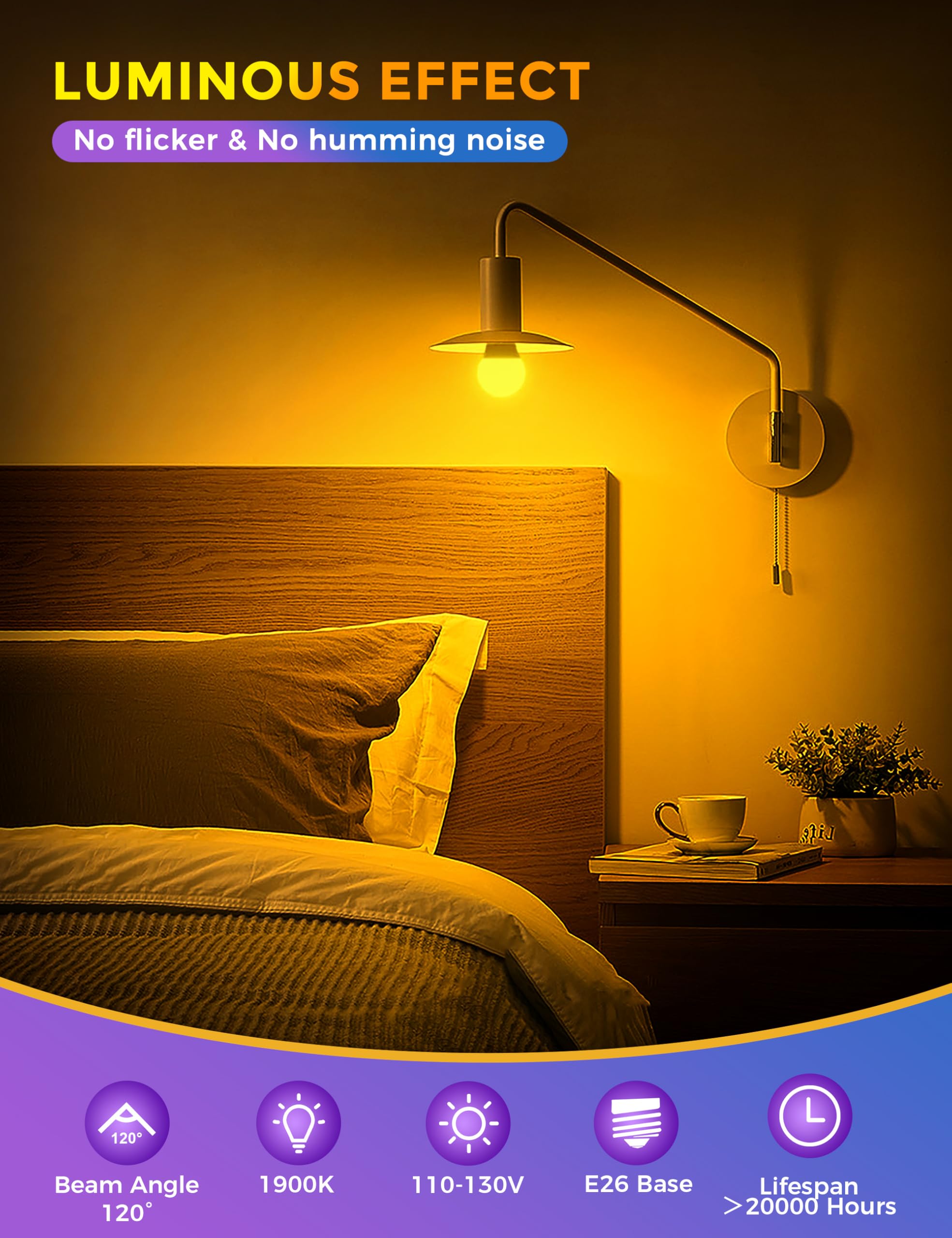 JandCase Dimmable Sleep Light Bulbs, 1900K Warm Amber, 60W Equivalent, Adjustable Brightness, 2 Pack