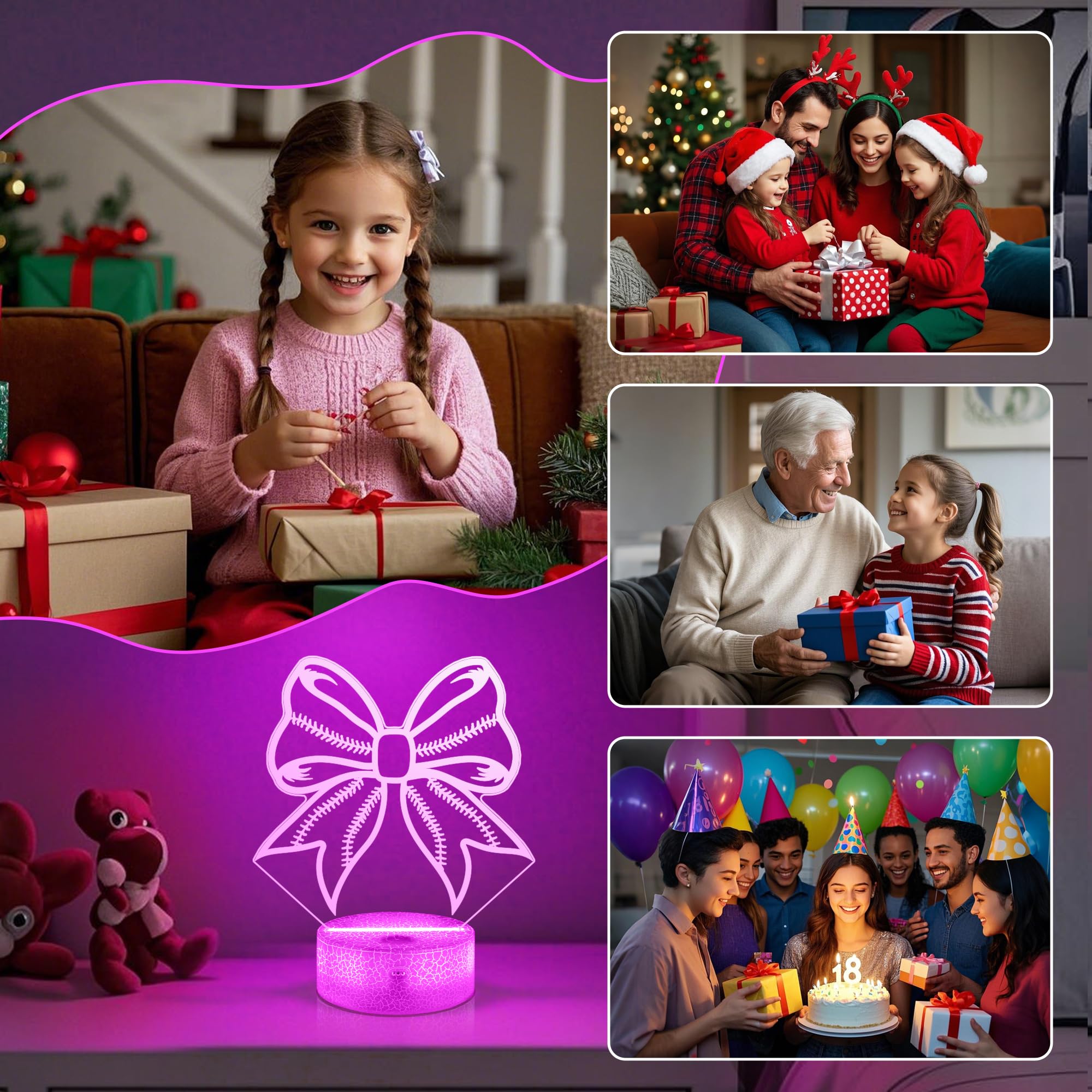 OkiyiD Softball Bows Night Light 3D Illusion Lamp, 16 Colors, Remote Control, Acrylic, Pink, Model OKD-2810-9999