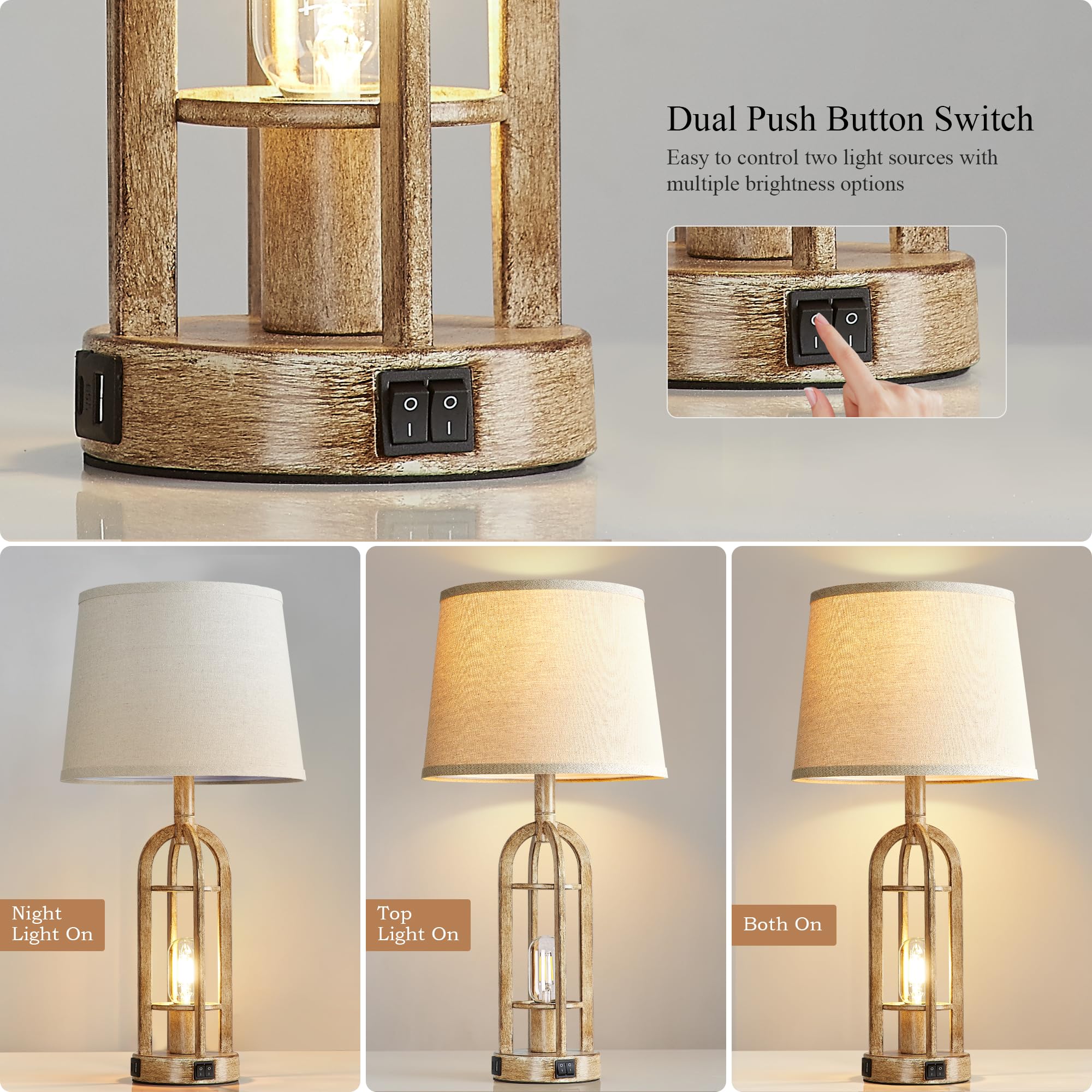 SRJJA Table Lamps Set of 2 - Rustic Wood Bedside Lamps with USB Ports, 24'' Button Switch, 4 Bulbs Included, Model QY_S2227-2T BW