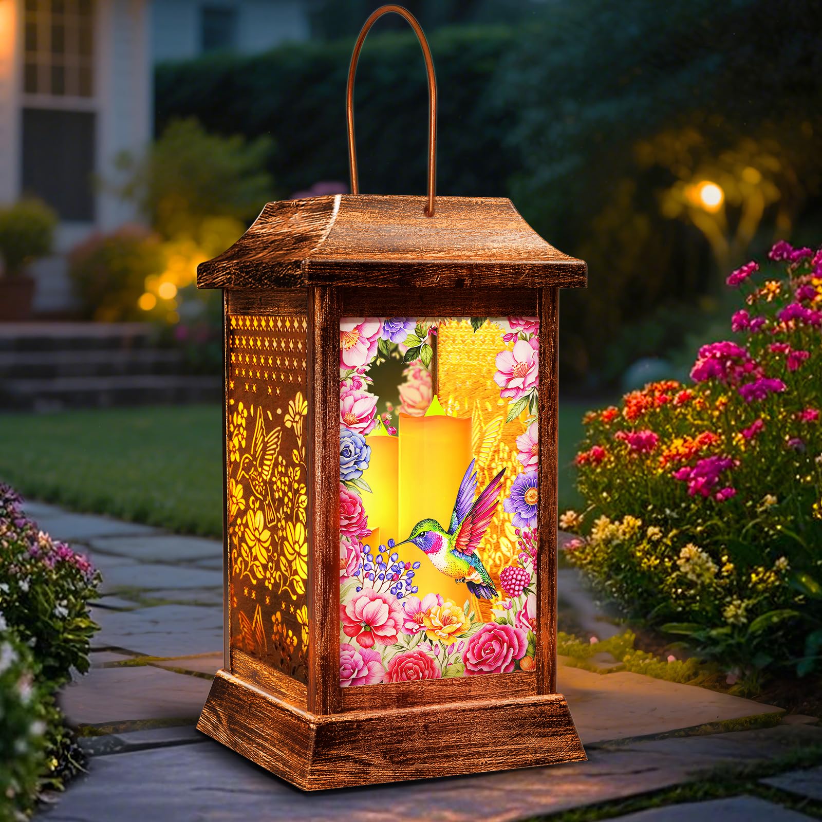 Hummingbird Solar Lanterns Outdoor Hanging Lanterns  Metal Glass Garden Decor Solar Lights  Gifts For Women Mom Birthday Grandma Mothers Day  Waterproof Decorative Lantern For Outside Patio Yard