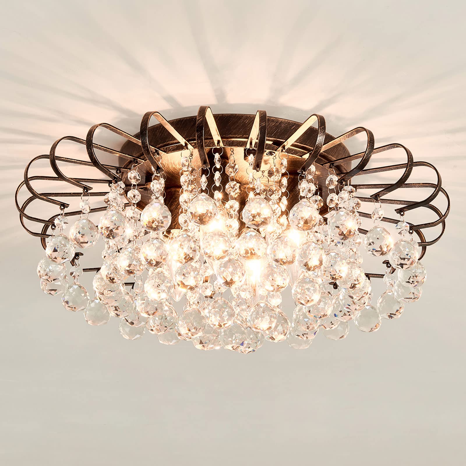 CVKASH 4-Light Crystal Floral Chandelier Modern Bronze Flush Mount Raindrop Crystal Ceiling Lighting Fixture Farmhouse Chandelie