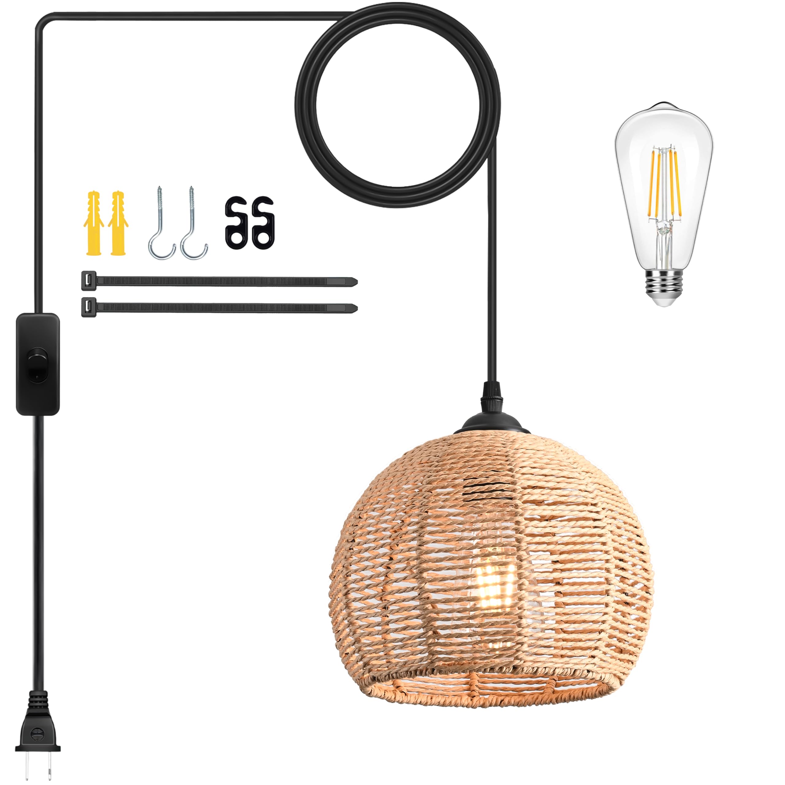 AyshwillDec Plug in Mini Hemp Rope Woven Pendant Light Woven Light Fixture Boho Chandelier Wicker Pendant Lights Rattan Plug in 