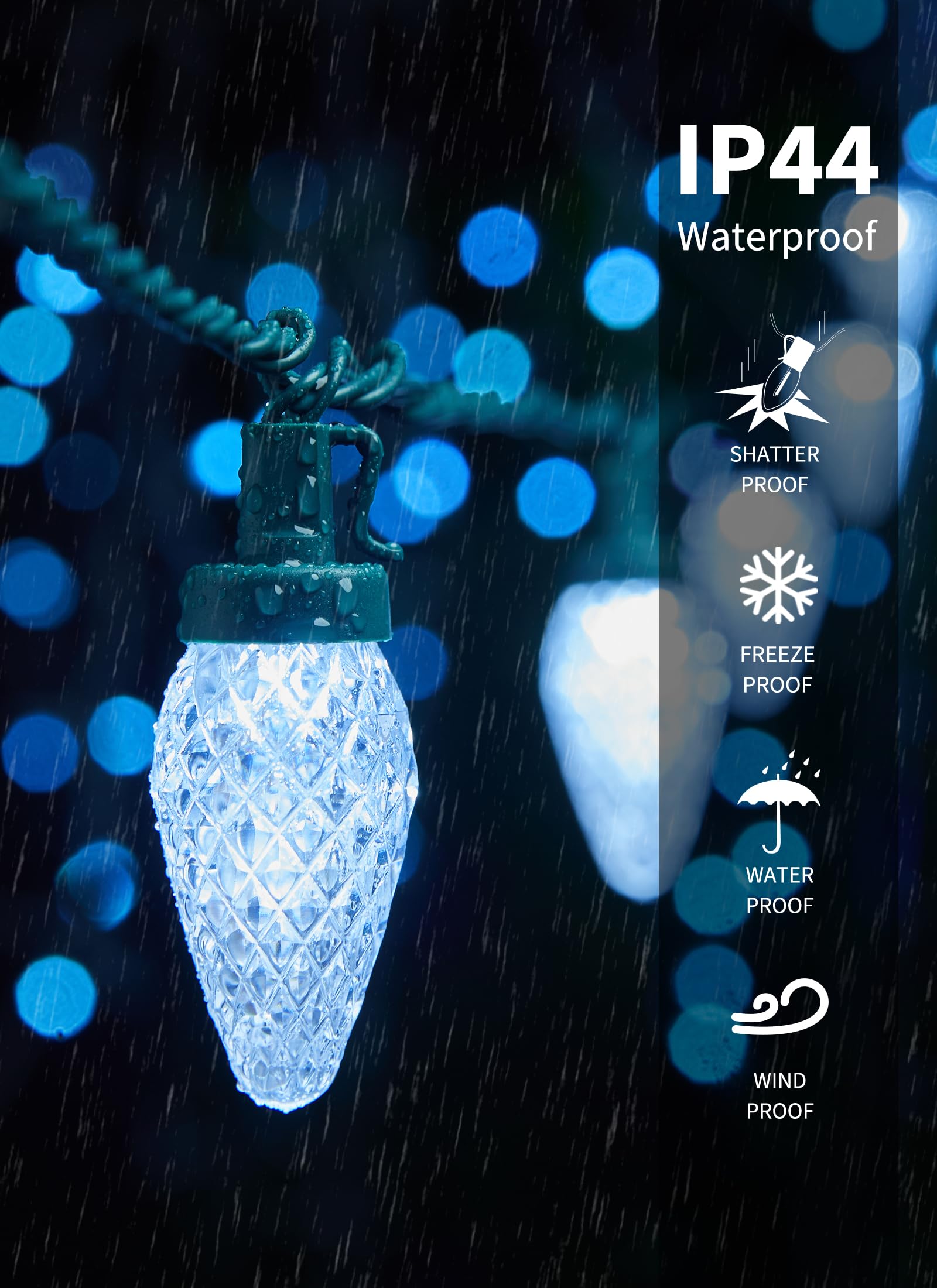 Minetom C9 LED Christmas Lights Outdoor, 81ft, 100 LEDs, Waterproof, Timer, Pure White, Model JT-EL/FC300V0200-C