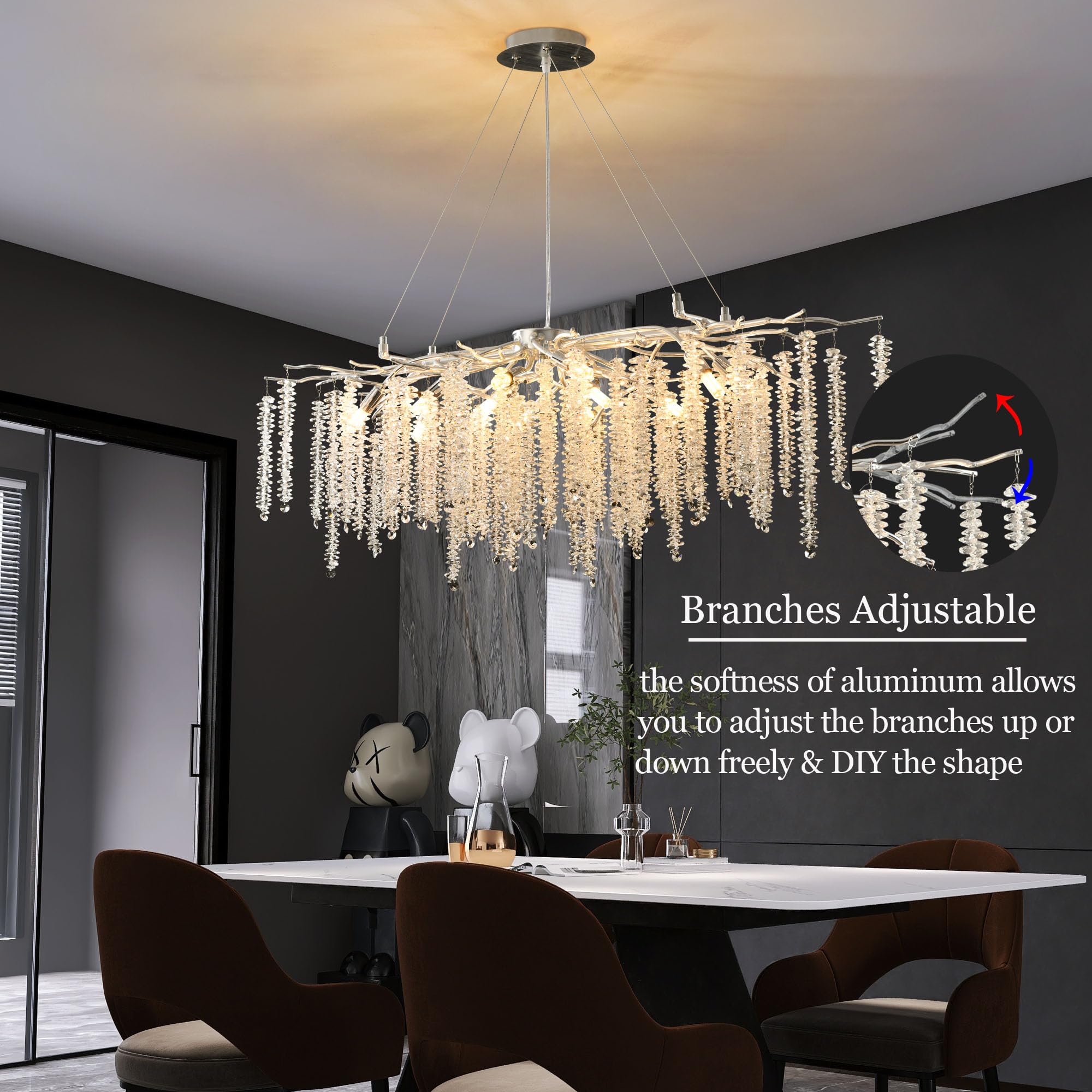 Upfelw Modern Rectangle Crystal Tree Branch Chandelier, L43'' Large Silver Linear Raindrop Indoor Hanging Pendant Light Fixture