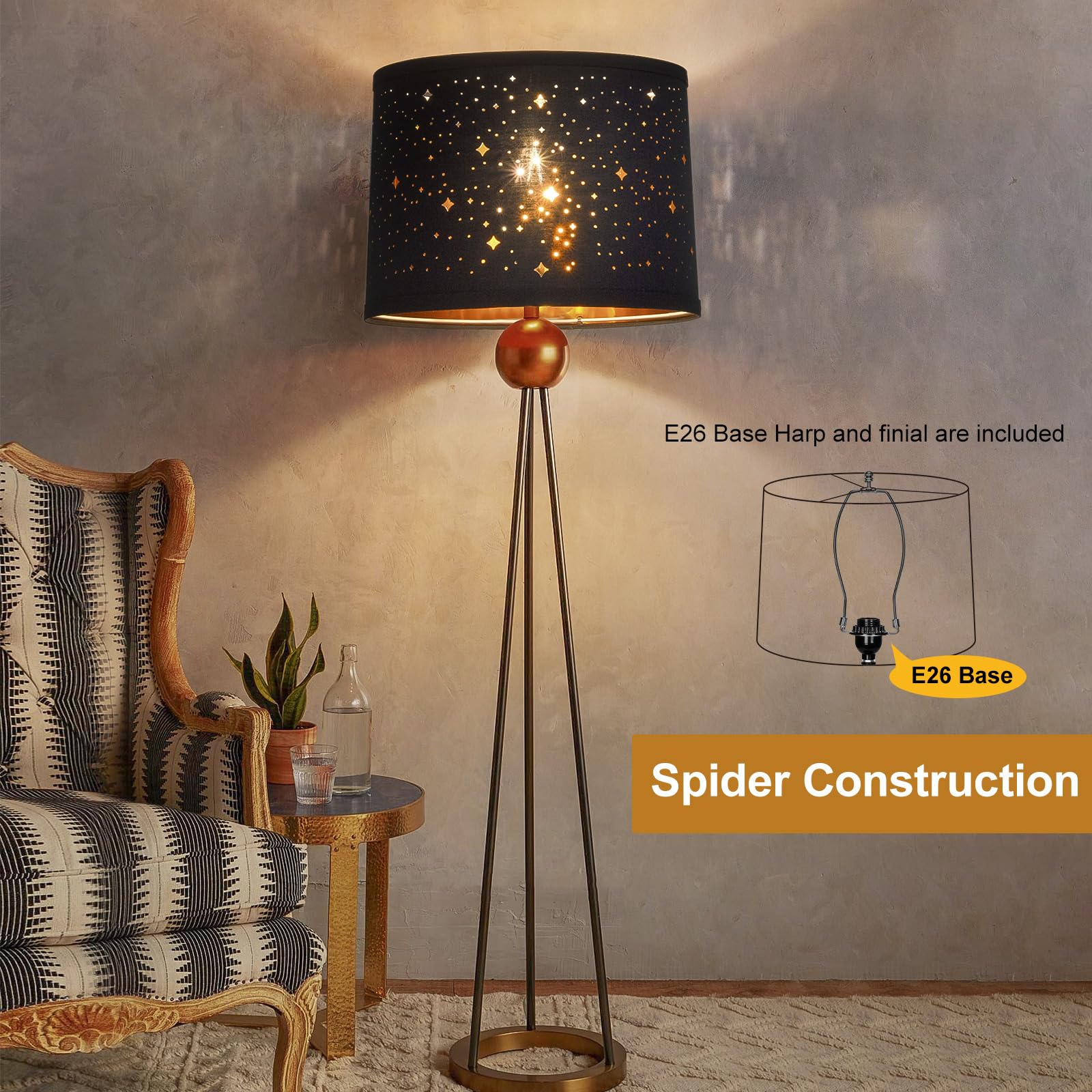 Seaside Village Black Drum Lampshades Set of 2, Sky Stars Design, 12.6inx12.6inx9.8in, Fabric & PVC