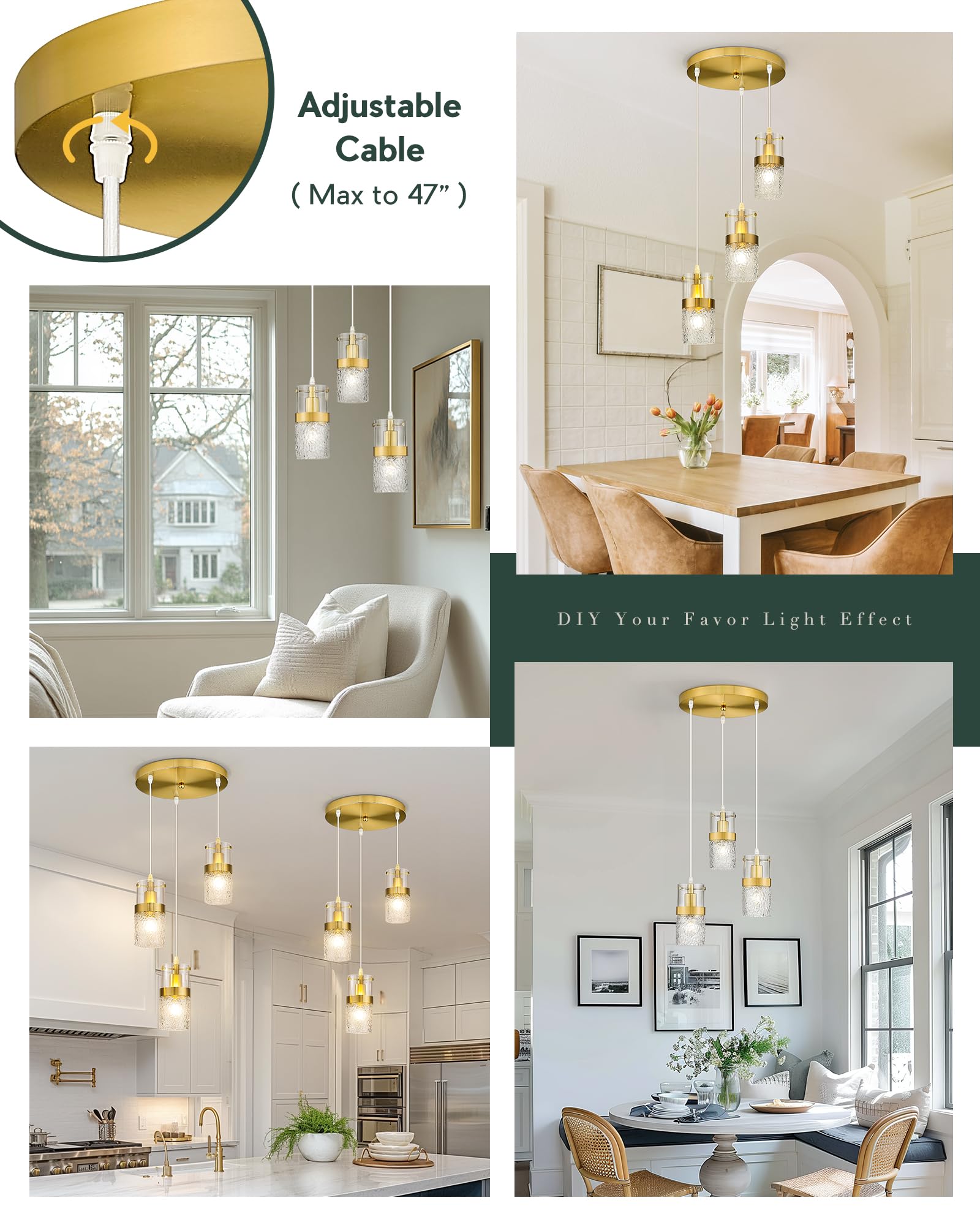 Lms 3-Light Pendant Light Fixtures, Brushed Gold Farmhouse Kitchen Island Light, Industrial Adjustable Hanging Pendant Lighting, Cluster Chandeliers, Lms-189