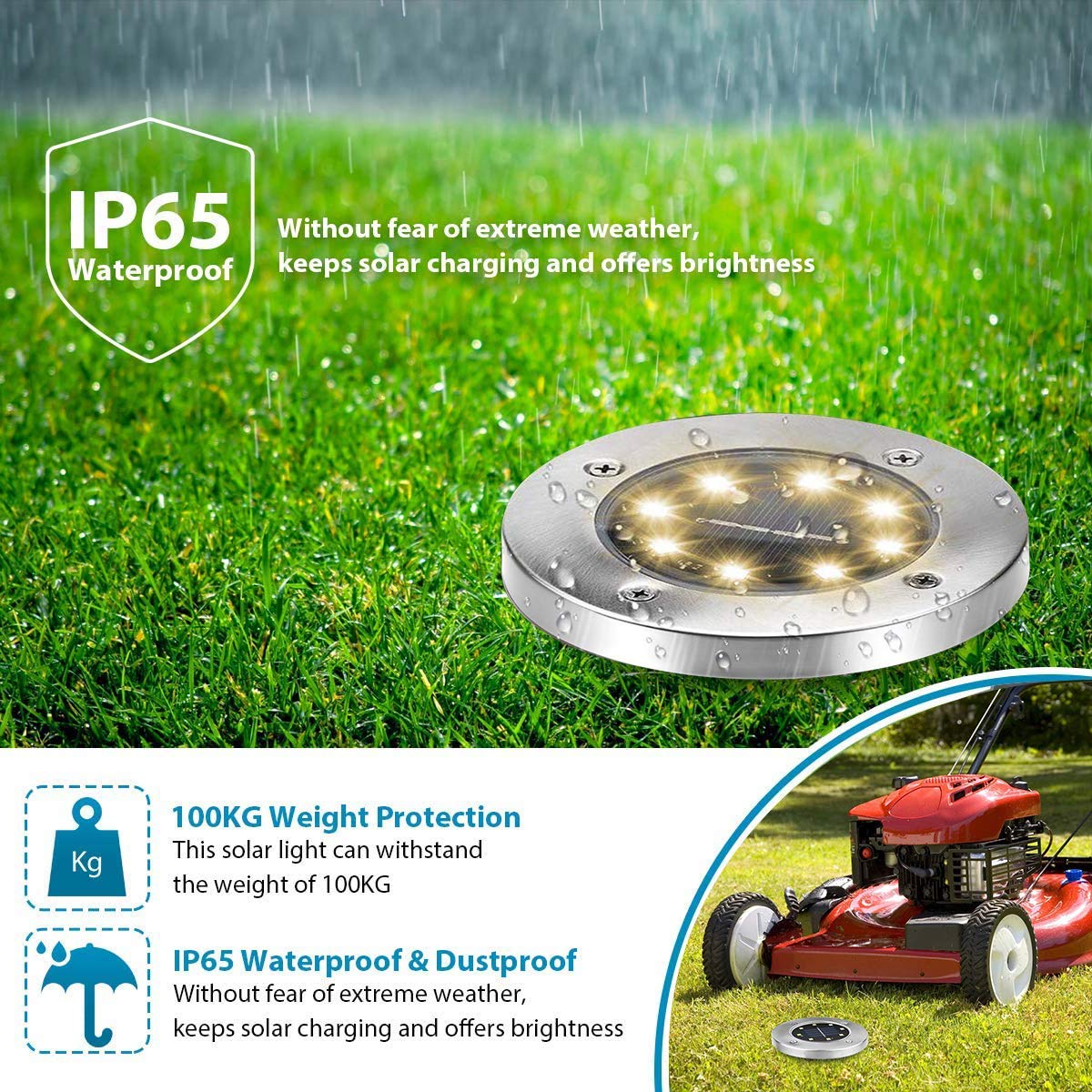 Aogist Solar Ground Lights, 12 Pack, 8 LED Waterproof Disk Lights, Stainless Steel, Warm White for Pathway, Yard, Lawn - Model DMD-1214