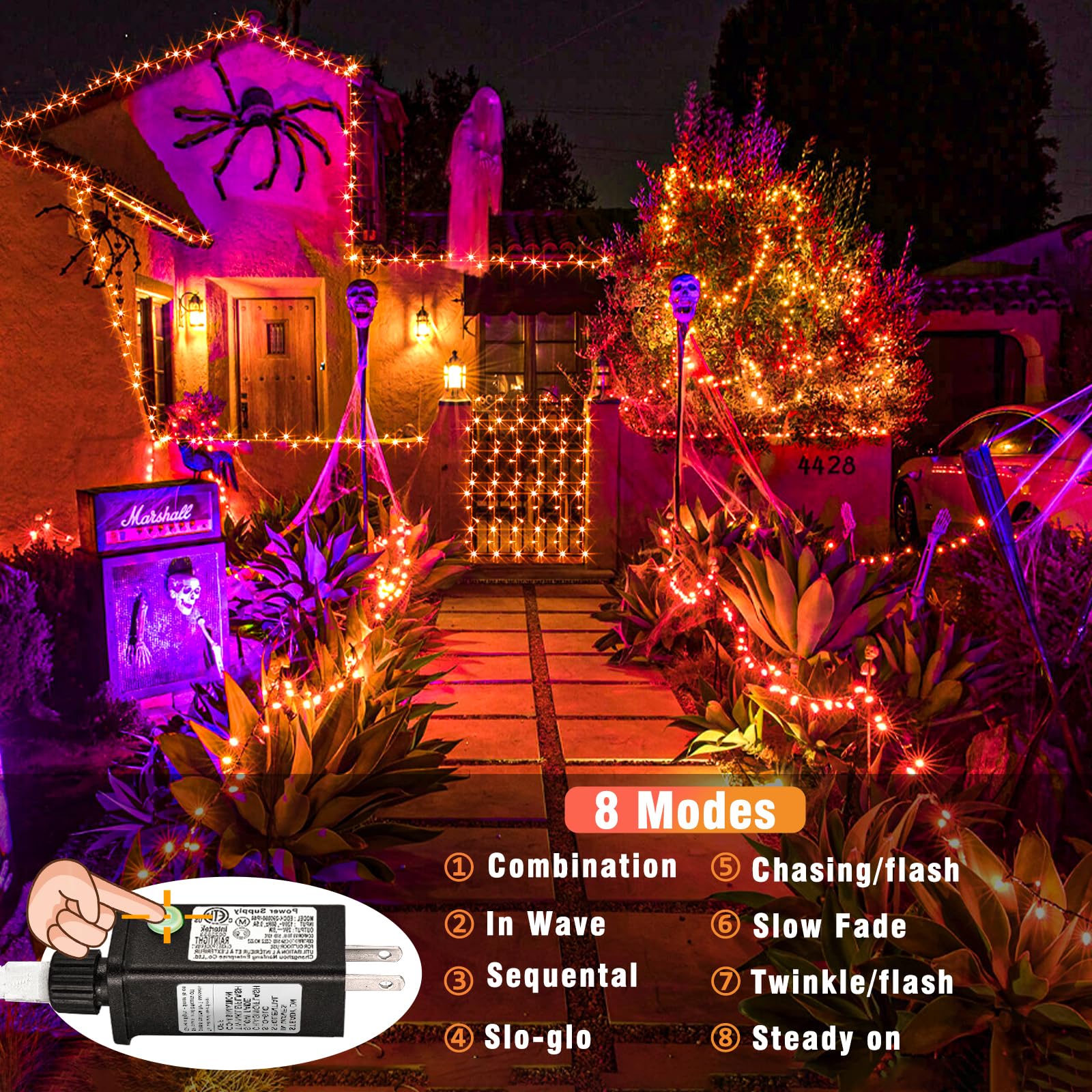 Vivideal 200 Led Christmas Lights Outdoor, 66Ft Orange String Lights Indoor 8 Modes Clear Wire, Plug In Waterproof Orange Christmas Lights For Christmas Tree Bedroom Thanksgiving Decorations
