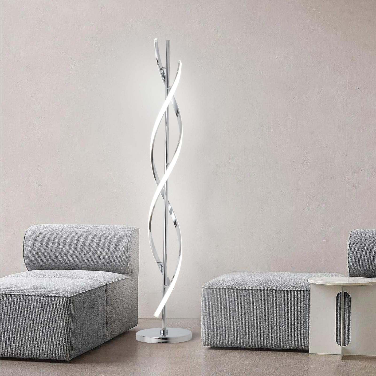 ADISUN 40W LED Floor Lamp with Remote Control, Dimmable, Spiral Design, Indoor Use, Silver