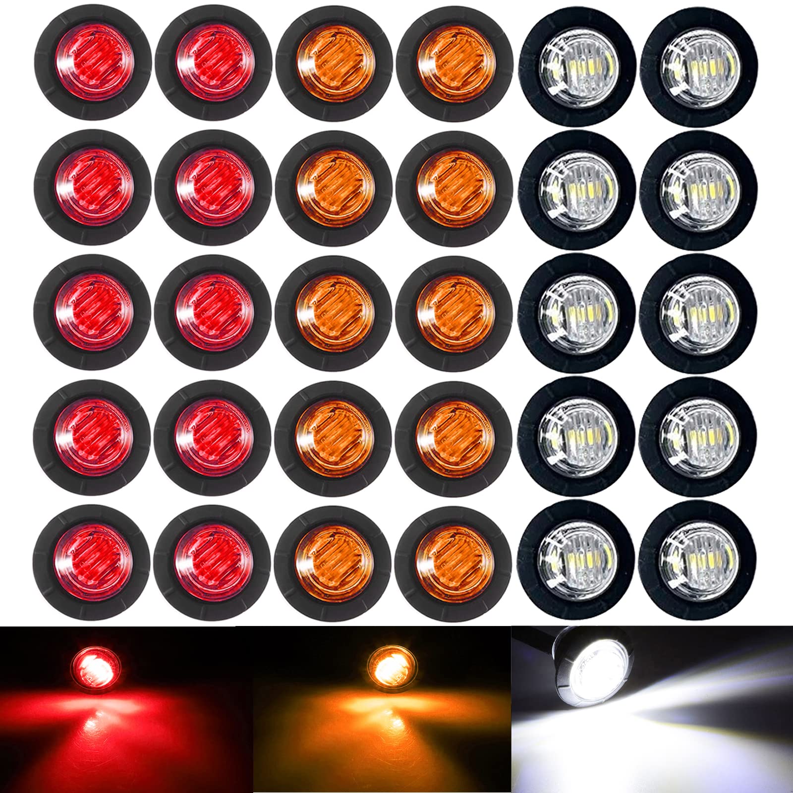 KEING LED Marker Lights, 3/4 Inch Waterproof, 10 Amber + 10 Red + 10 White, 12V for Trailer, Truck, Bus, Van, ATV, RV,