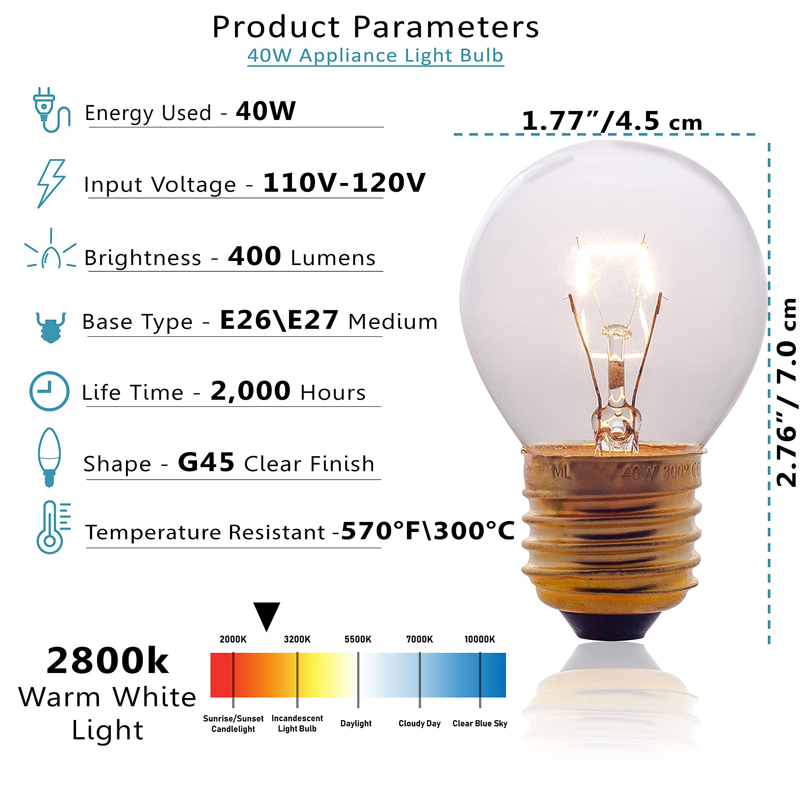 Soulight Oven Light Bulbs – 40W Incandescent, Warm White, G45 E26/E27, 400 Lumens, 2 Pack