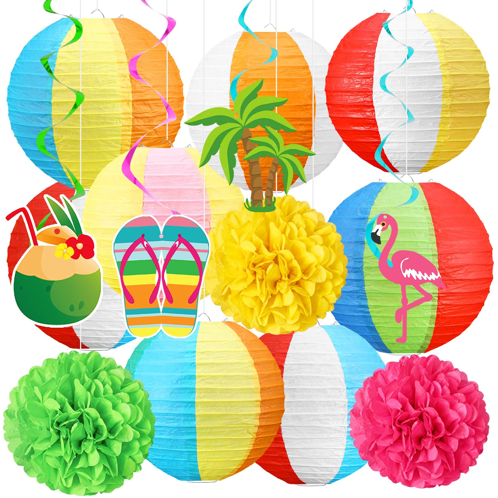 Flutesan 16 Pcs Summer Beach Decorations Flamingo Hawaiian Party Hanging Decor Luau Pool Colorful Paper Lanterns Fans Poms Flowe