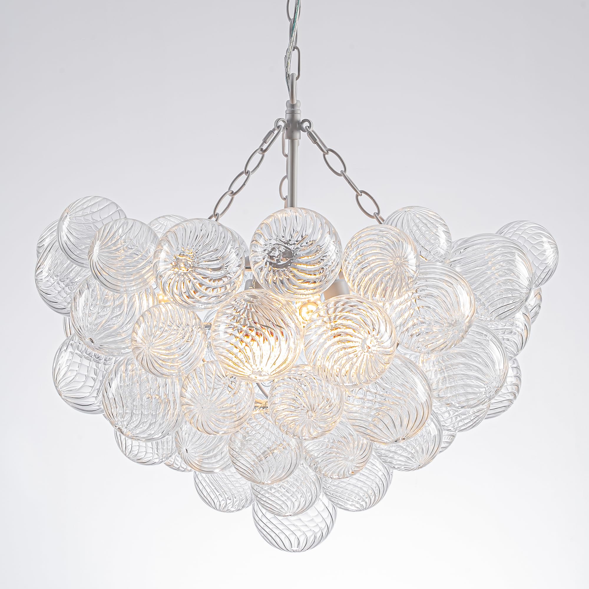 BeyPan Bubble Ball Swirled Glass Chandelier White Finish 24'' Dia Clear Ribbed Blown Glass Globe Pendant Light Fixture for Bedro