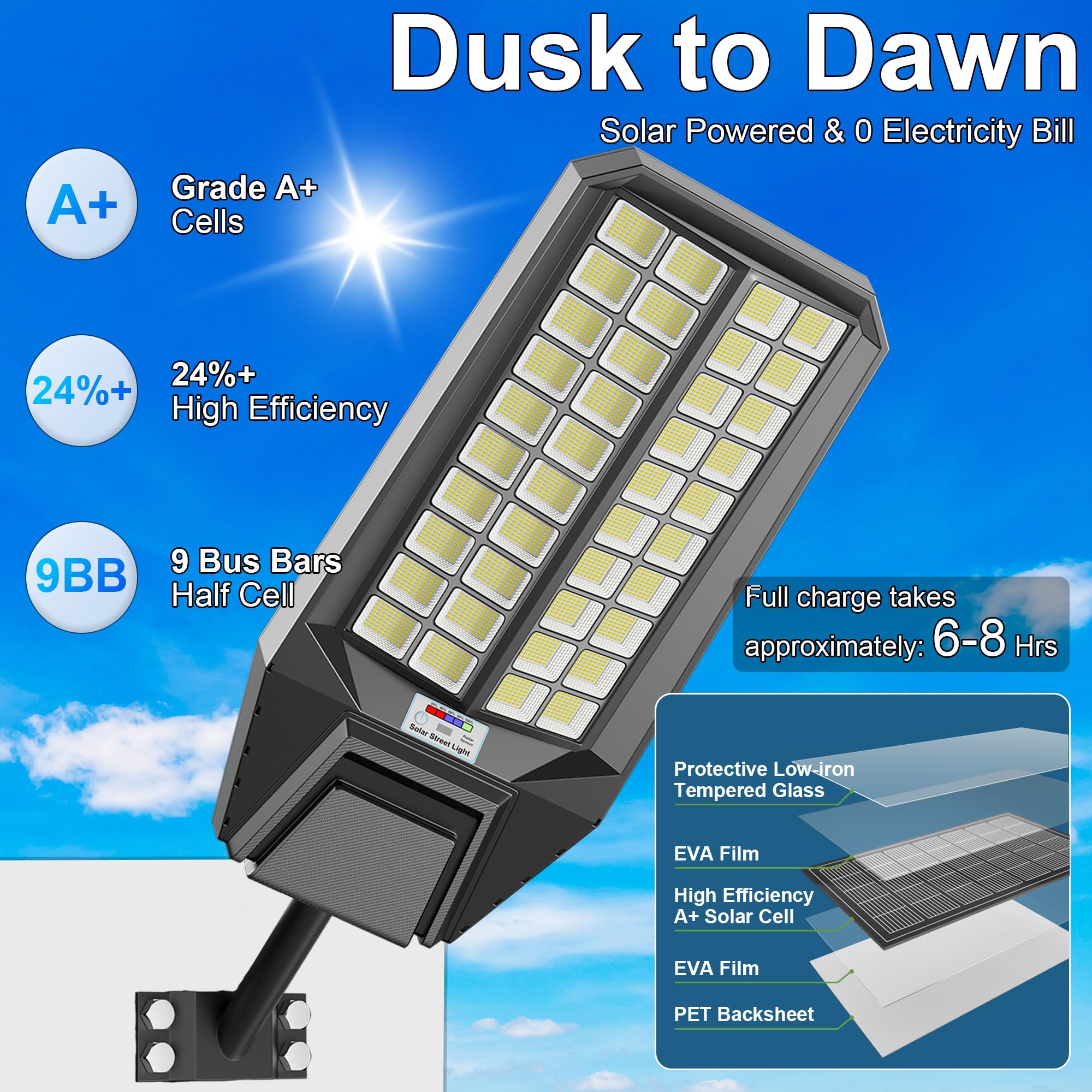 Vzyhik Solar Street Lights - 9500W Waterproof LED with Motion Sensor & Remote Control, Black, for Outdoor Use - Ideal for Yards & Walkways