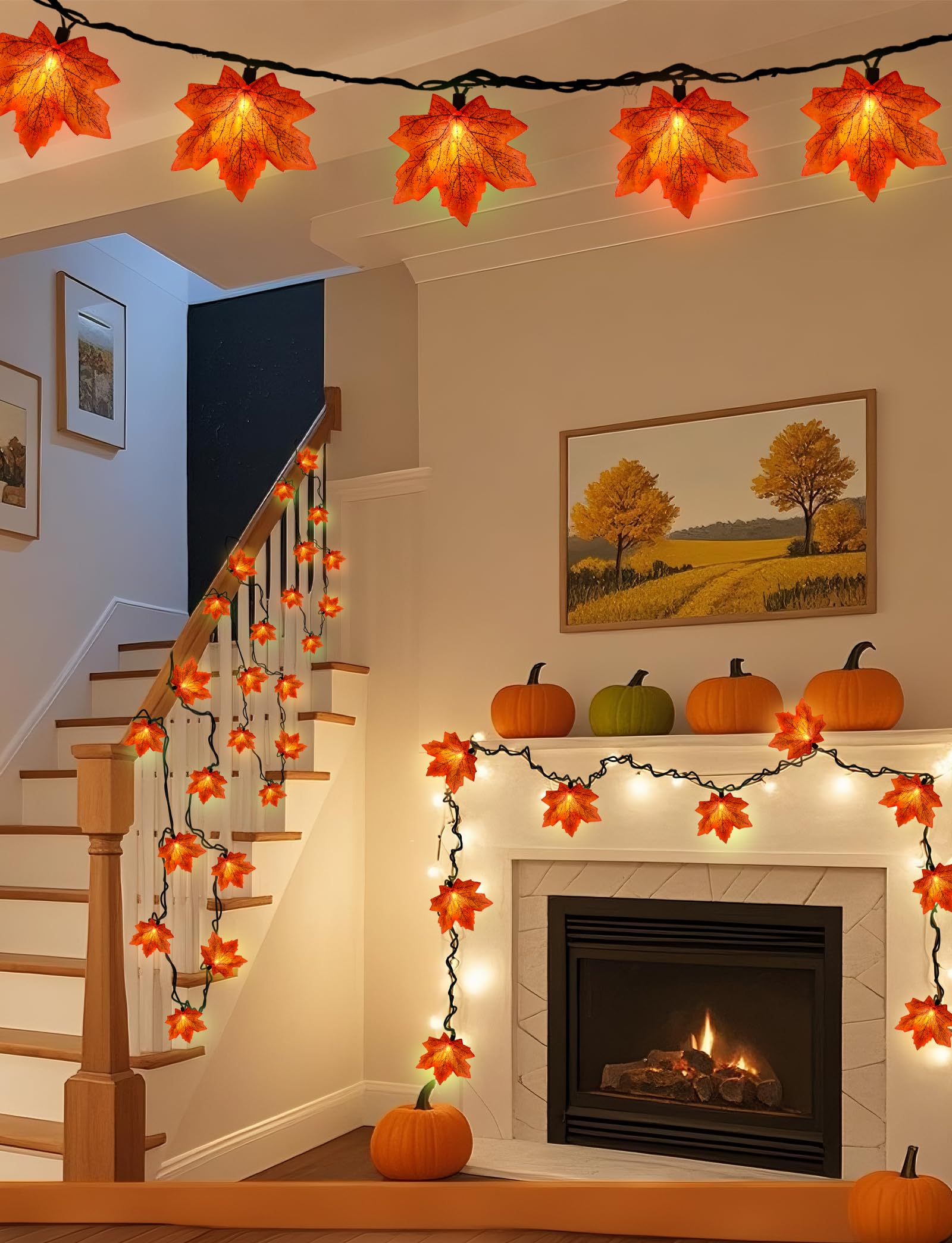 Doratale Thanksgiving Orange Maple Leaf Lights  13.6Ft Orange Fall Leaves String Lights  Waterproof Connectable Outdoor Patio String Lights For Indoor Home Outdoor Fall Decor Halloween Decorations