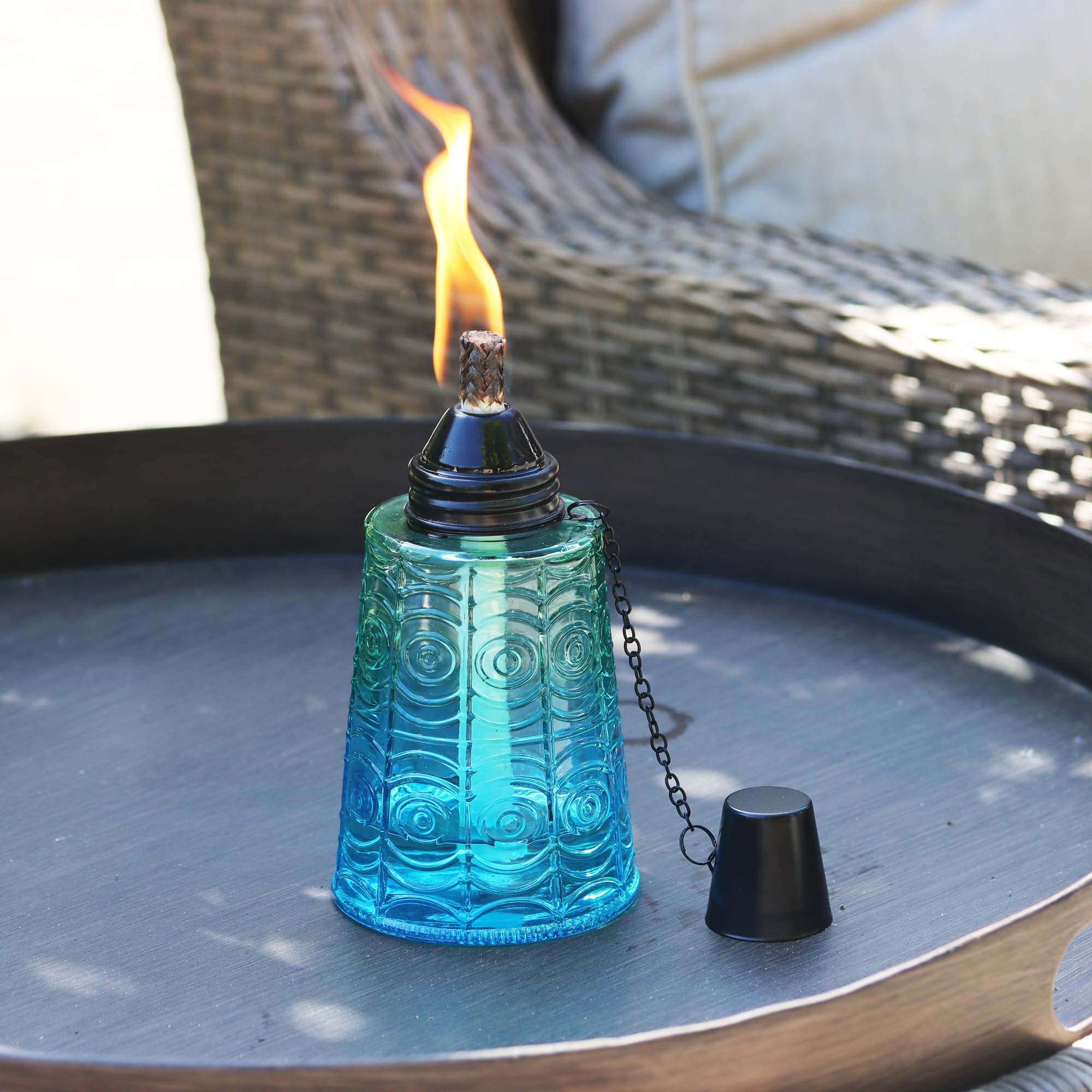 Seraphic Citronella Table Top Torches, 16oz Decorative Glass, Set of 3, Tropical Blue for Outdoor Patio, Garden, Parties