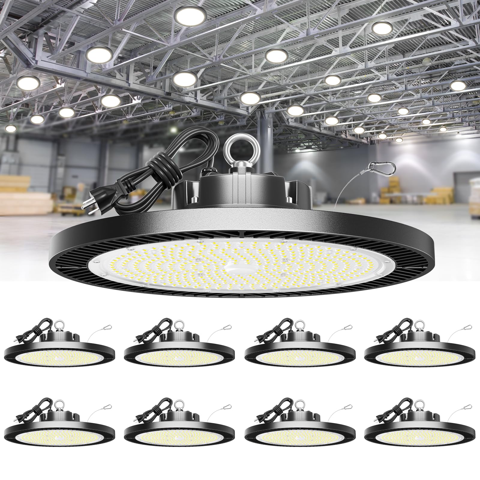 ELEKICO Super Bright 250W 35000LM 8pack UFO LED High Bay Light 5000k High Bay LED Shop Lights with Plug 5ft Cable Hanging Hook Safe Rope  Shop Lights for Garage Factory Workshop Warehouse Barn
