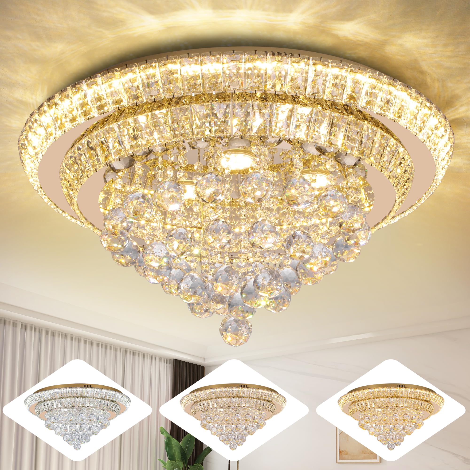 Miuyhji Large Led Crystal Raindrop Ceiling Light,Rose Gold, 24'' Elegant Semi Flush Mount Chandelier Light Fixture With Remote C