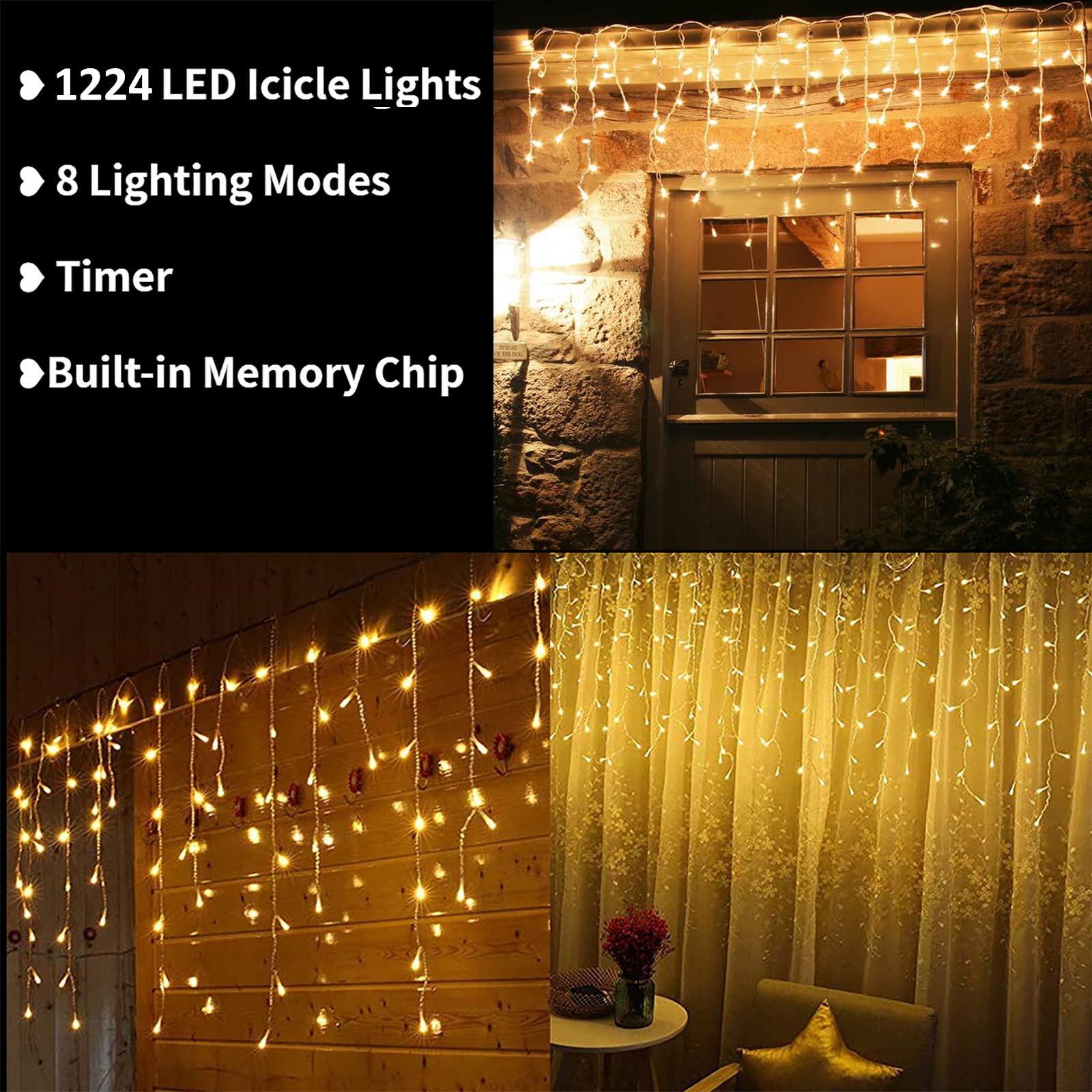 Toodour Icicle Christmas Lights, 100Ft 1224 Led 8 Modes Icicle String Lights With 204 Drops, Window Curtain Fairy Icicle Lights, Icicle Fairy Twinkle Lights For Christmas, Party, Holiday (Warm White)