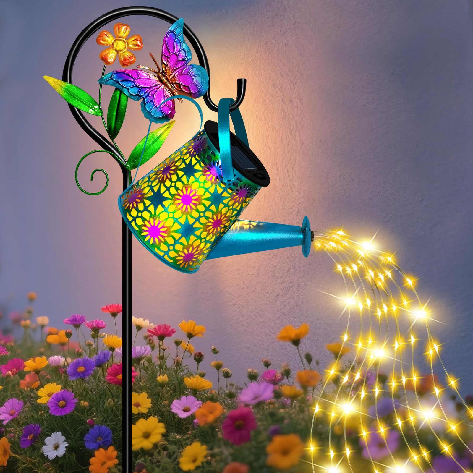 Solar Lights Outdoor Decorative, Metal Solar Watering Can with Lights Outdoor Waterproof Solar Lantern with Butterfly Shepherd H