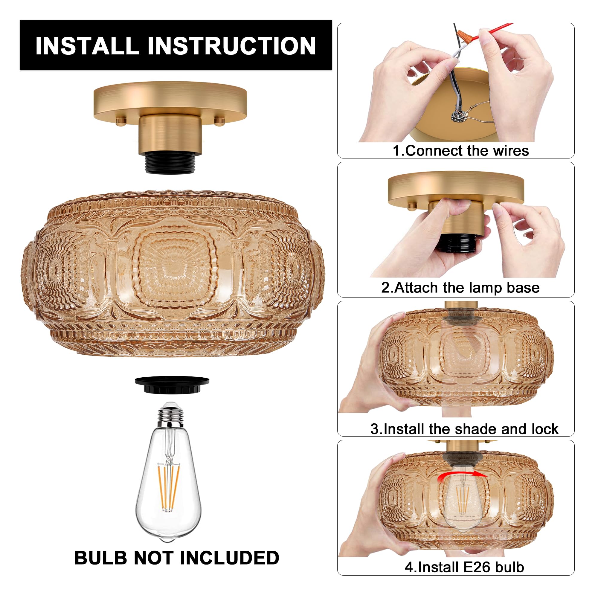 OYKYOHEI Semi Flush Mount Ceiling Light, Amber Glass Fixture for Hallway, 9.38 Inch, Art Deco Design, Bulb Not Included