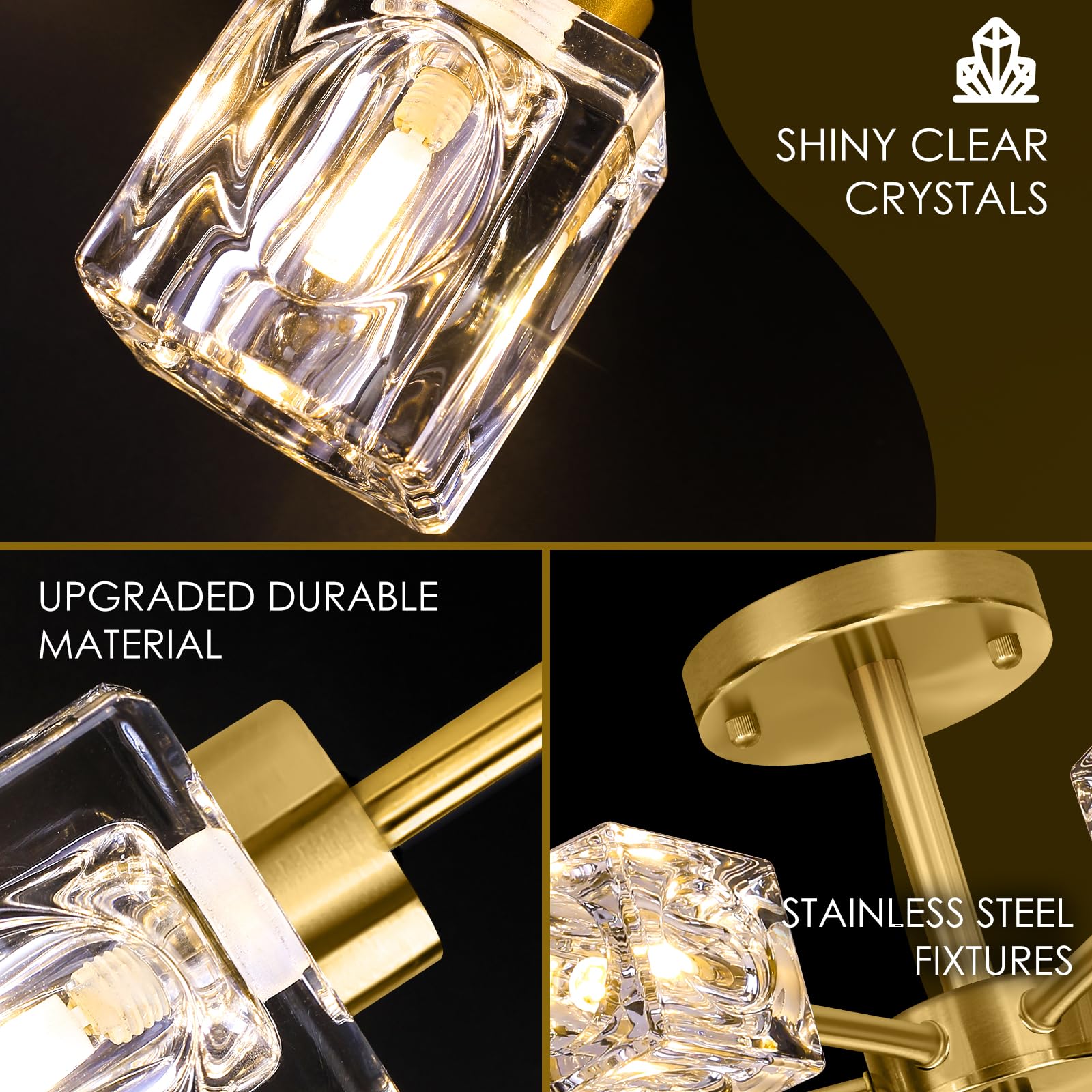 Modern Crystal Chandelier, 6-Light Gold Flush Mount Ceiling Light, 17.3'' Sputnik Chandelier Light Fixture With K9 Crystal Shade