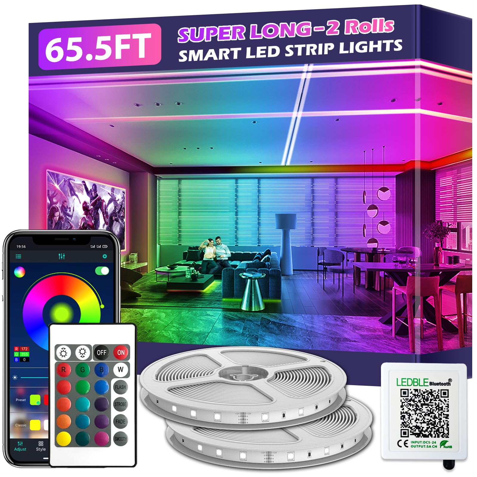 65.5FT Led Band Lights Long Smart Led Light Bands Music Sync 5050 RGB Color Changing Rope Lights Bluetooth APP/IR Remote/Switch Box Control Led Lights for Bedroom Home Decoration Party Festival