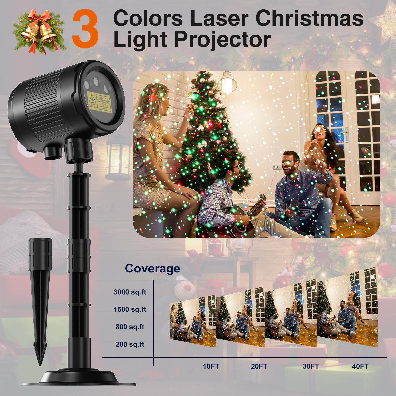 Christmas Projector Lights Outdoor, 3 Colors Rgb Christmas Light Outdoor With Remote Control, Ip65 Waterproof Cold Resistant Chr