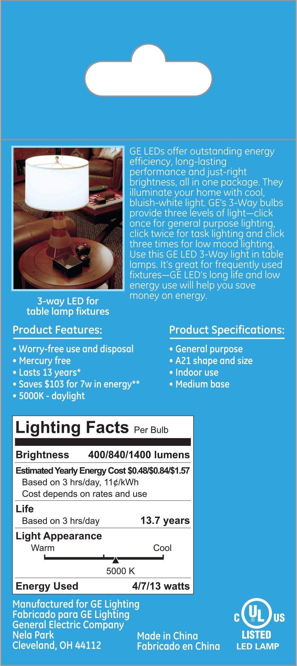 Ge Lighting 24096 Daylight Replacement A21 Bulb Medium Base, 3-Way Led 30/70/100-Watt, 1 Count (Pack Of 1)