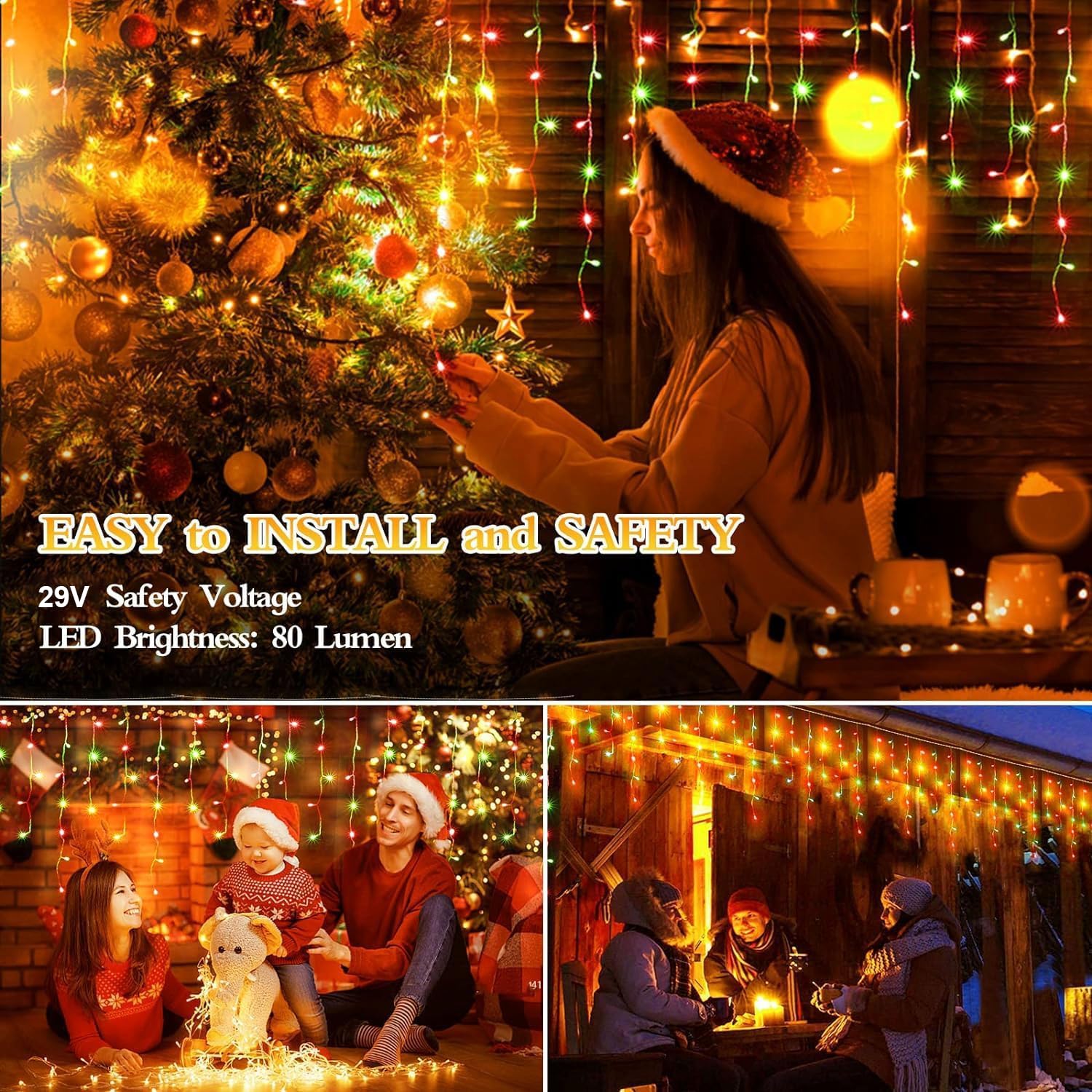 FLVOECN 960 LED Christmas Lights, 98FT, Waterproof, Dimmable, 8 Modes, Red & Green, Model YQS-200L, Indoor/Outdoor Decor