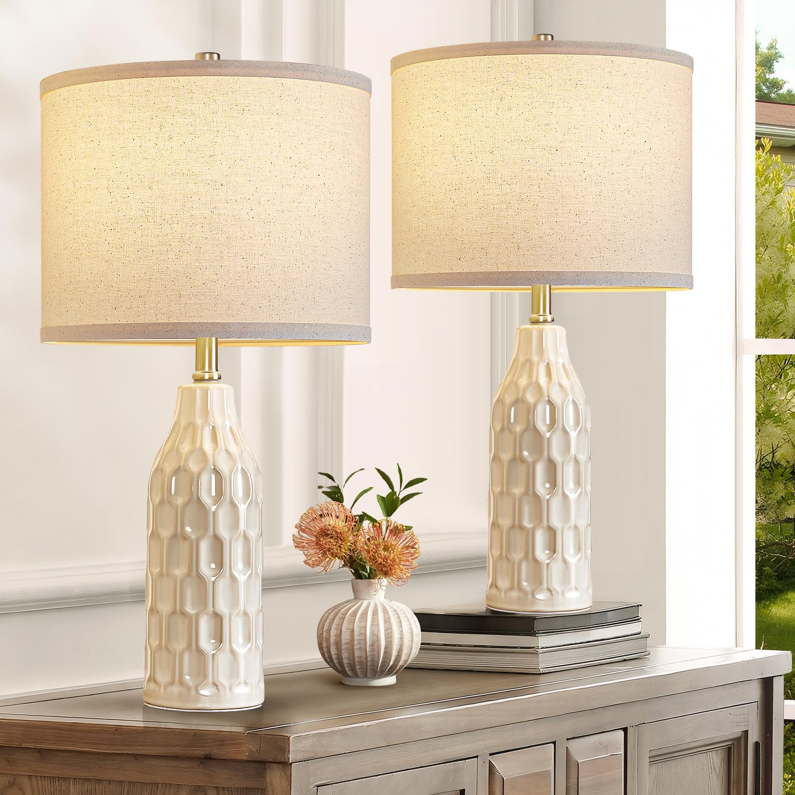 Luvkczc Ceramic Table Lamps Set of 2 - 24.8in Height, 3 Color Temperatures, Bulbs Included, Cream
